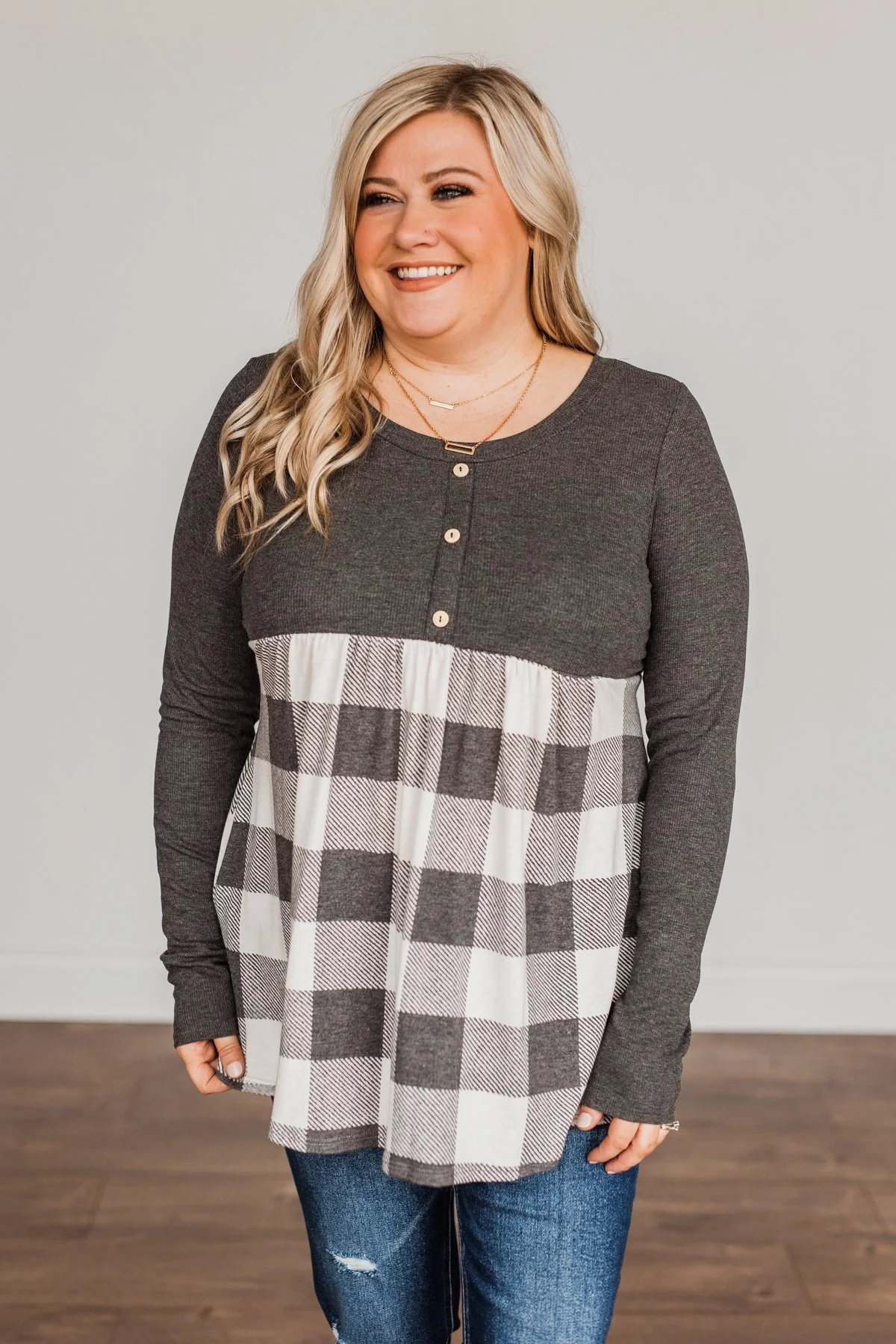 Loving Every Second Plaid Babydoll Top- Charcoal - Image 4