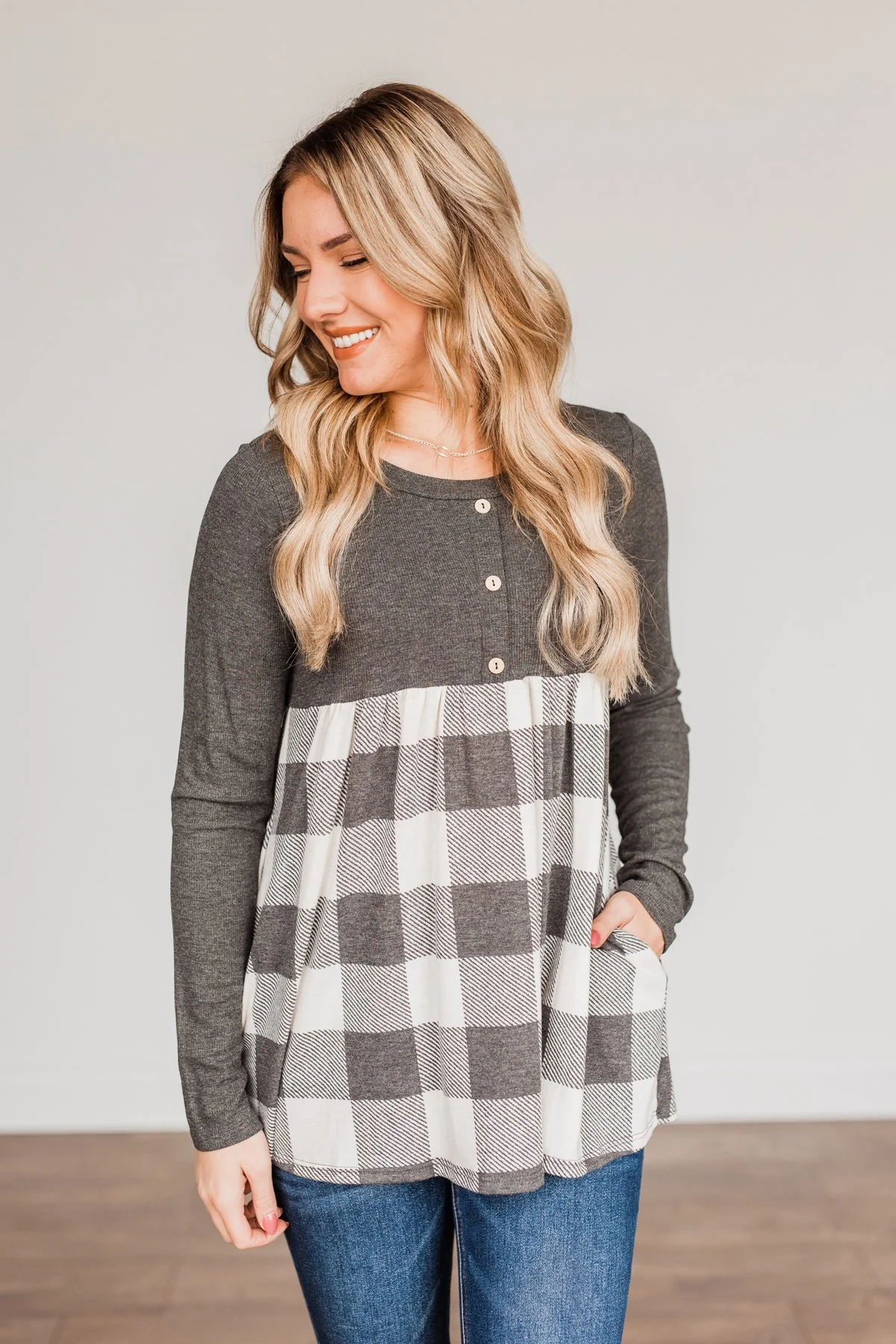 Loving Every Second Plaid Babydoll Top- Charcoal - Image 7