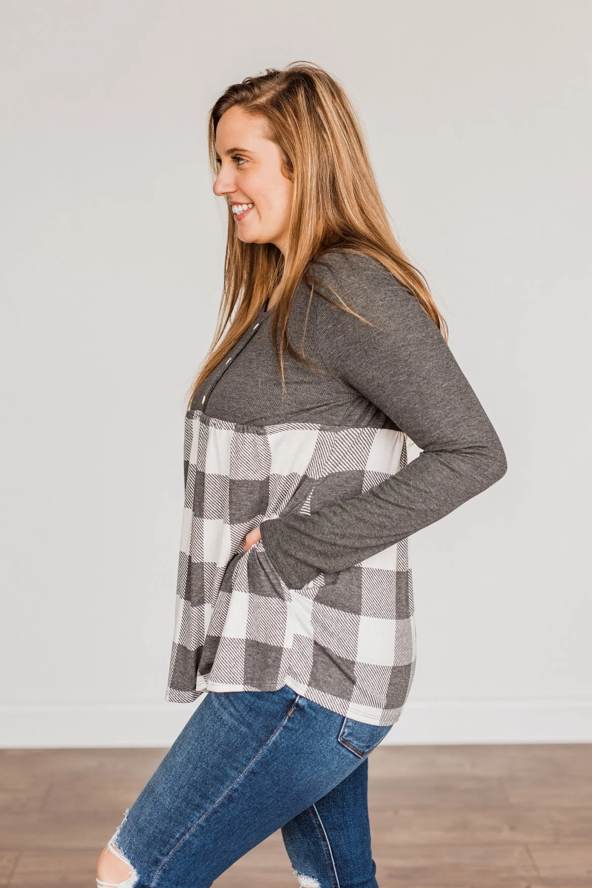 Loving Every Second Plaid Babydoll Top- Charcoal - Image 8