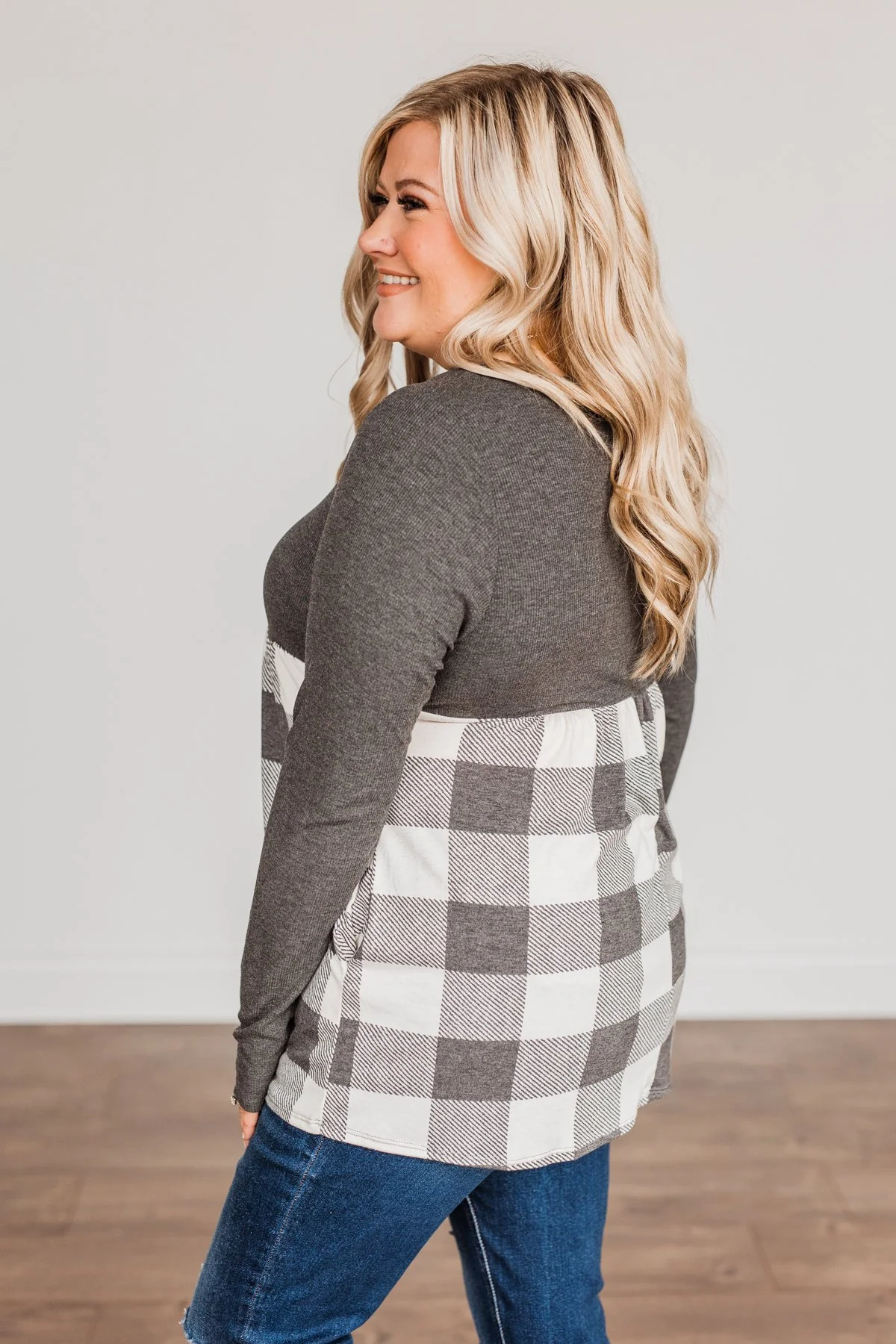 Loving Every Second Plaid Babydoll Top- Charcoal - Image 9