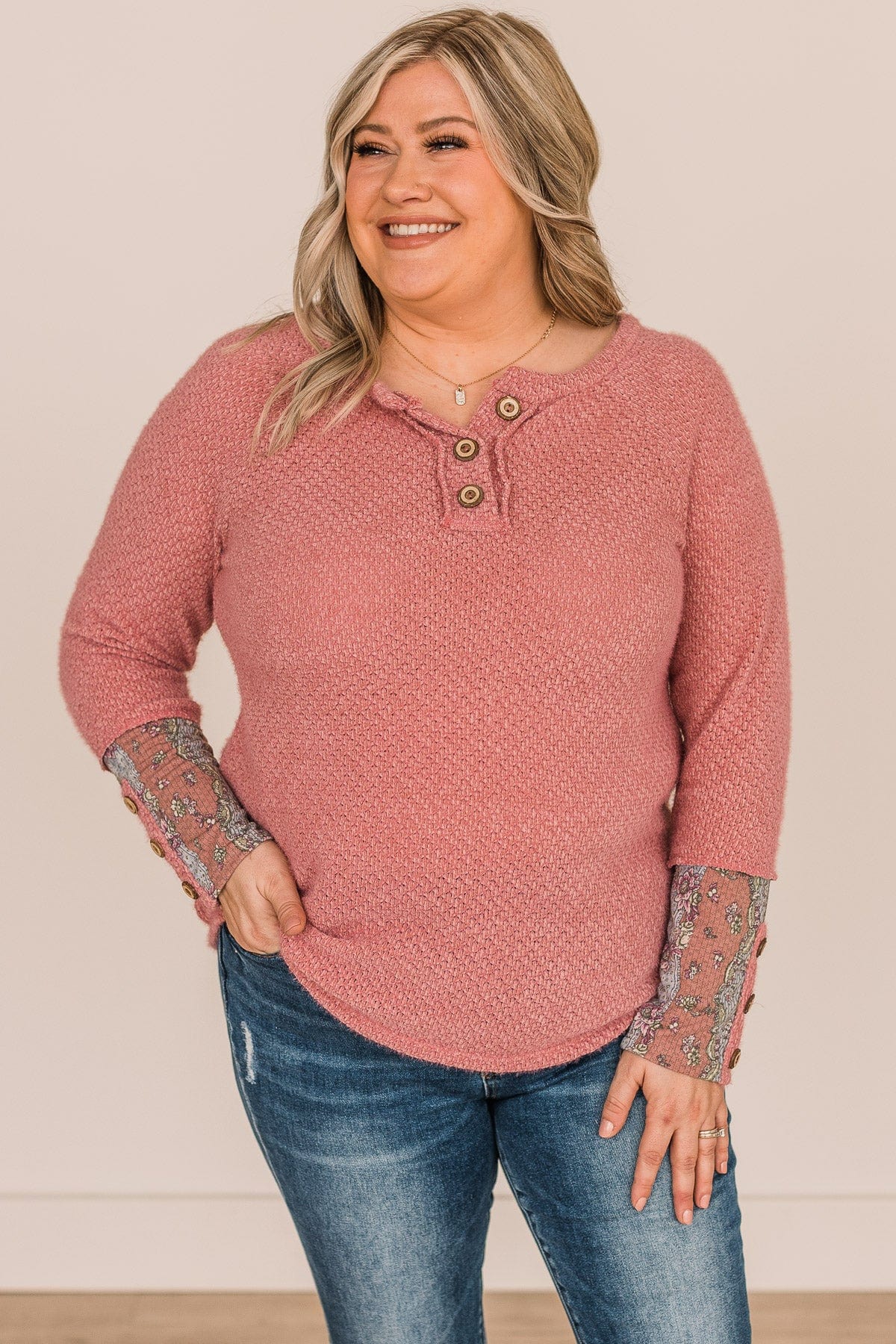 Loving Feelings Button Knit Top- Dusty Rose - Image 2