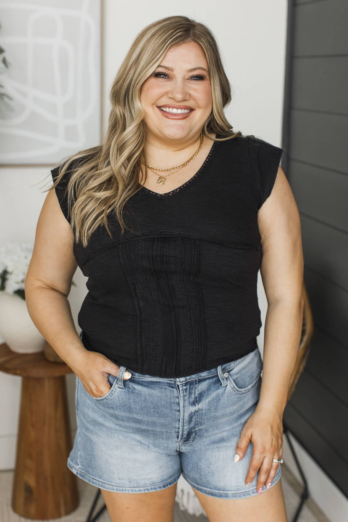 Loving Gaze Cap Sleeve V-Neck Top- Black - Image 2