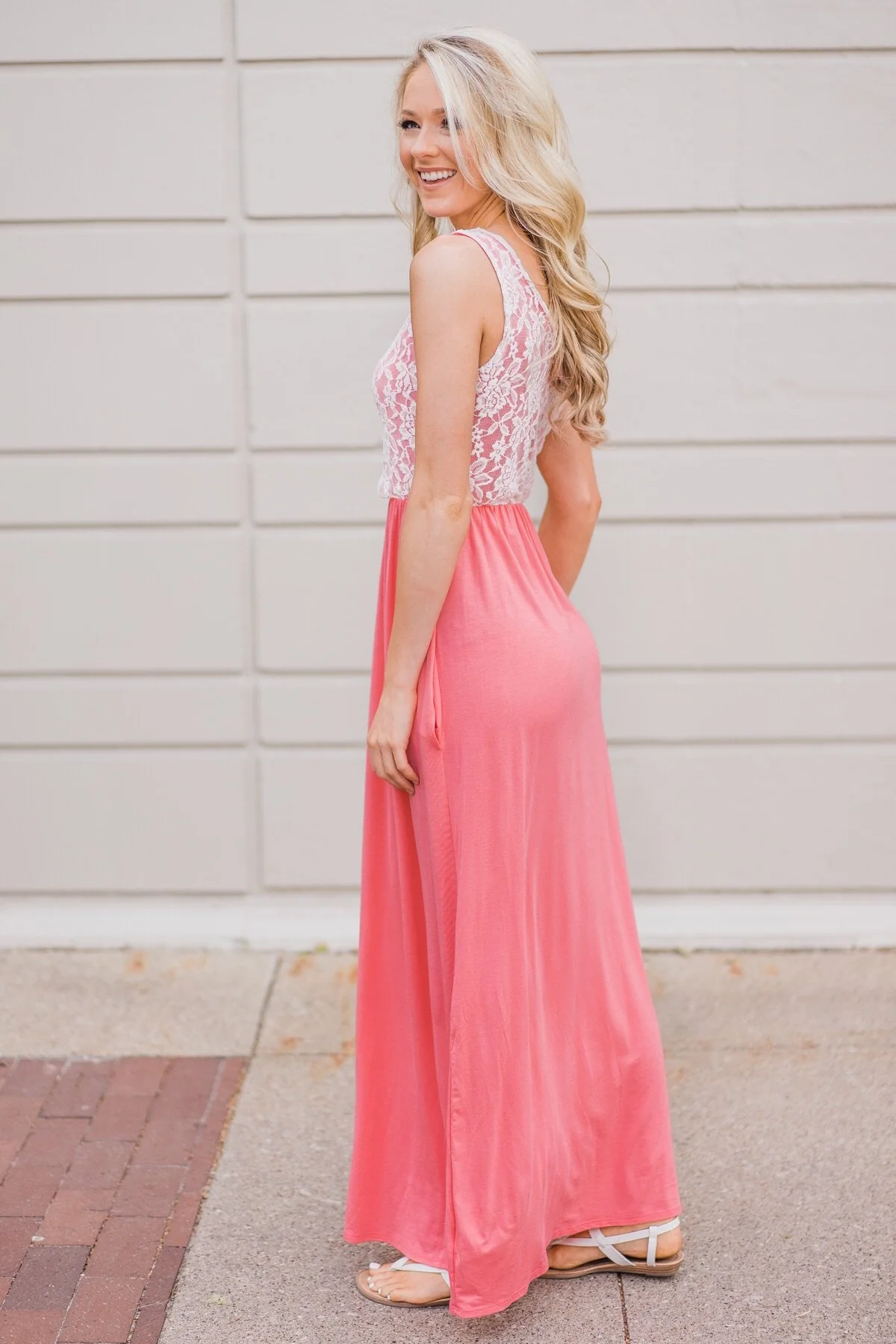 Loving Lace Maxi Dress- Melon Pink - Image 3