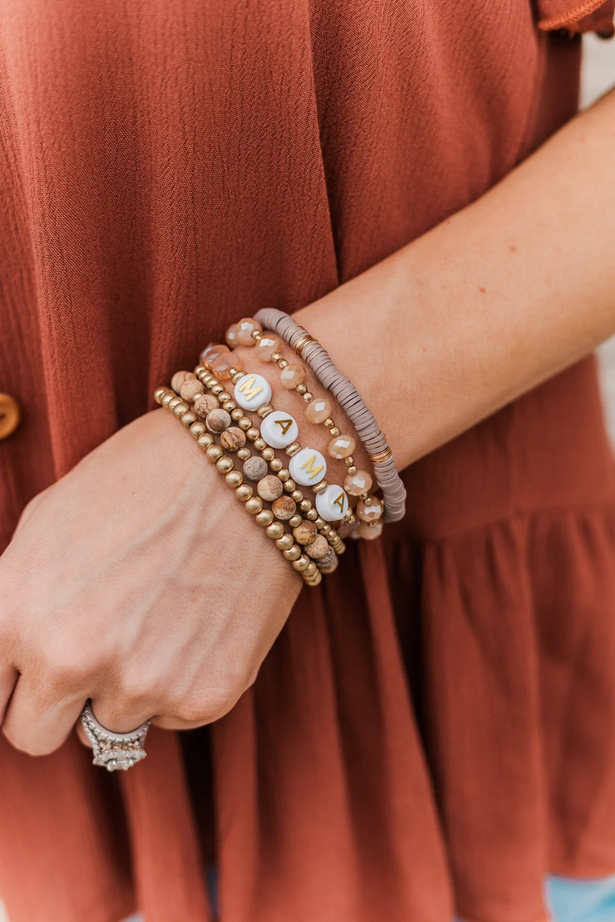 Loving My "Mama" 6-Piece Bracelet Set- Natural & Gold - Image 2