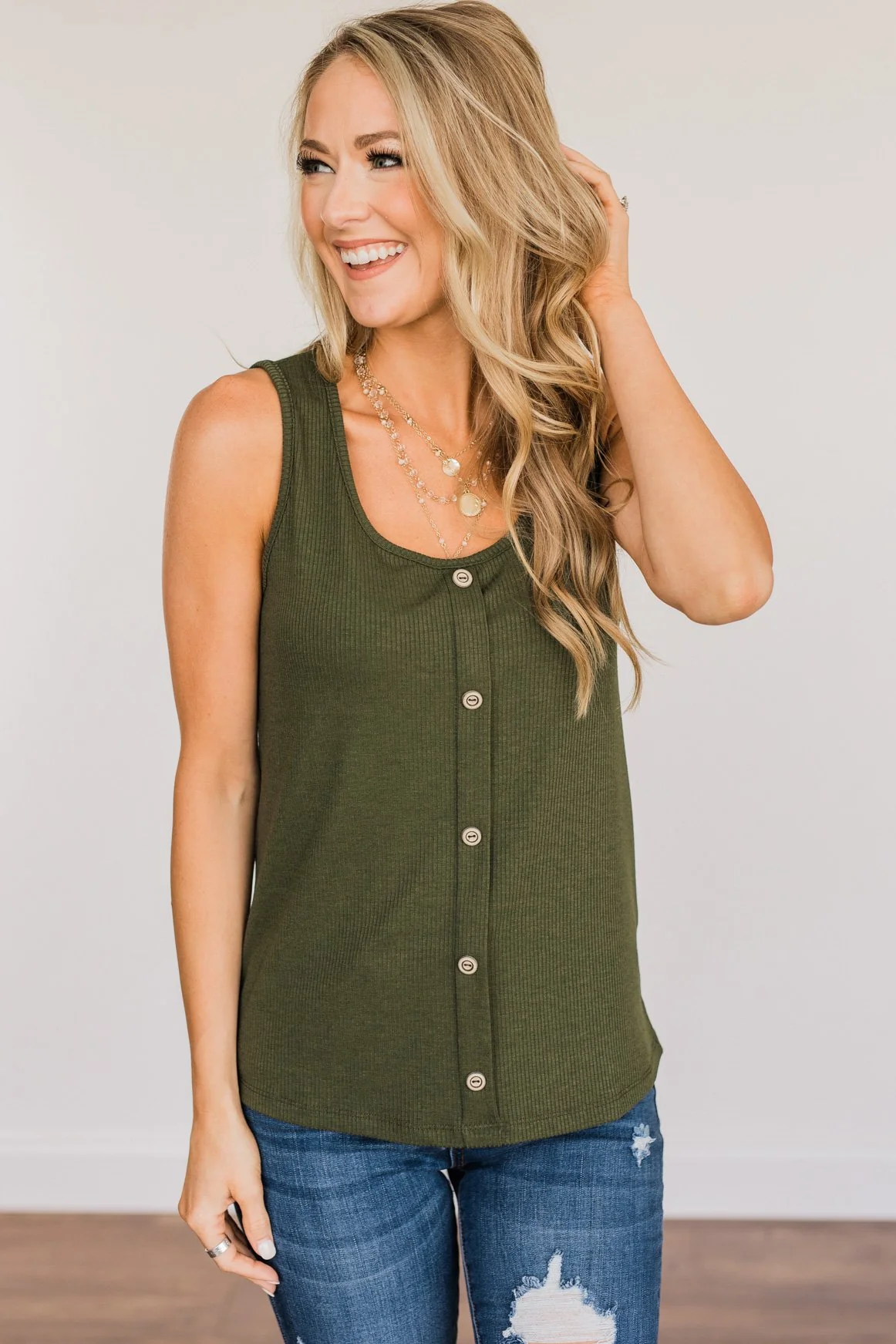 Loving Myself Ribbed Knit Tank Top- Dark Olive - Image 5