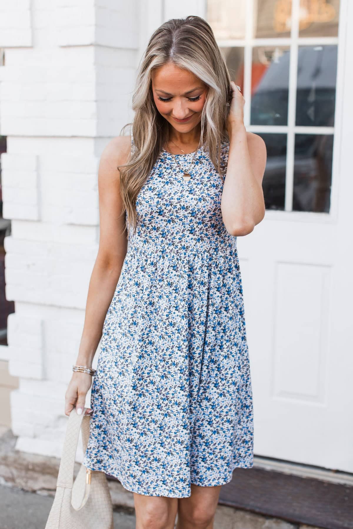 Loving This Feeling Floral Dress- Ivory & Blue - Image 4