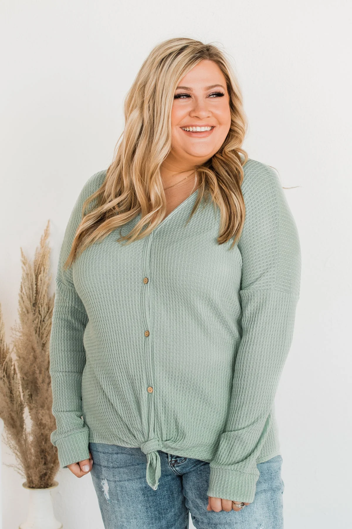 Loving You Thermal Button Knot Top- Light Sage - Image 2