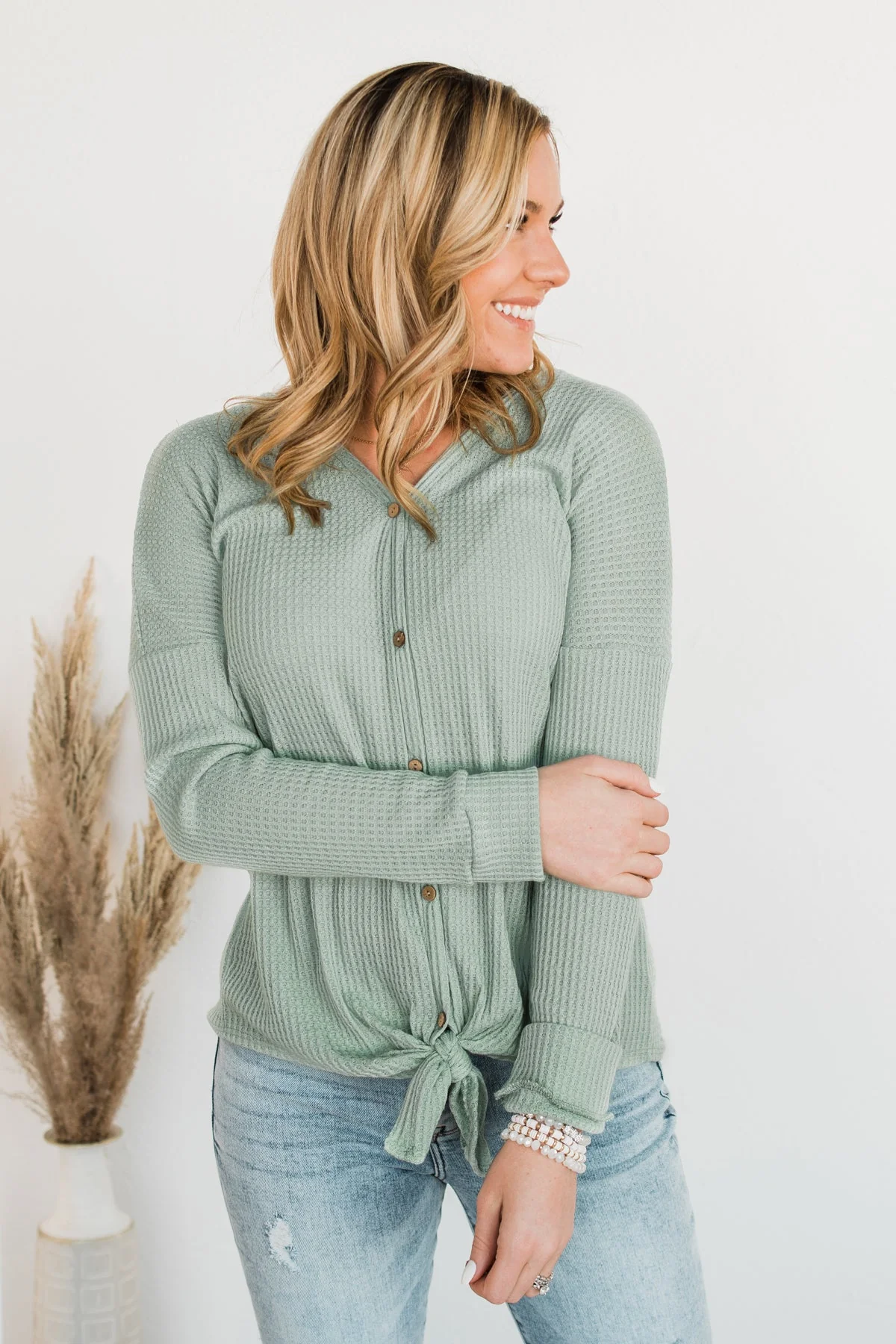 Loving You Thermal Button Knot Top- Light Sage - Image 3