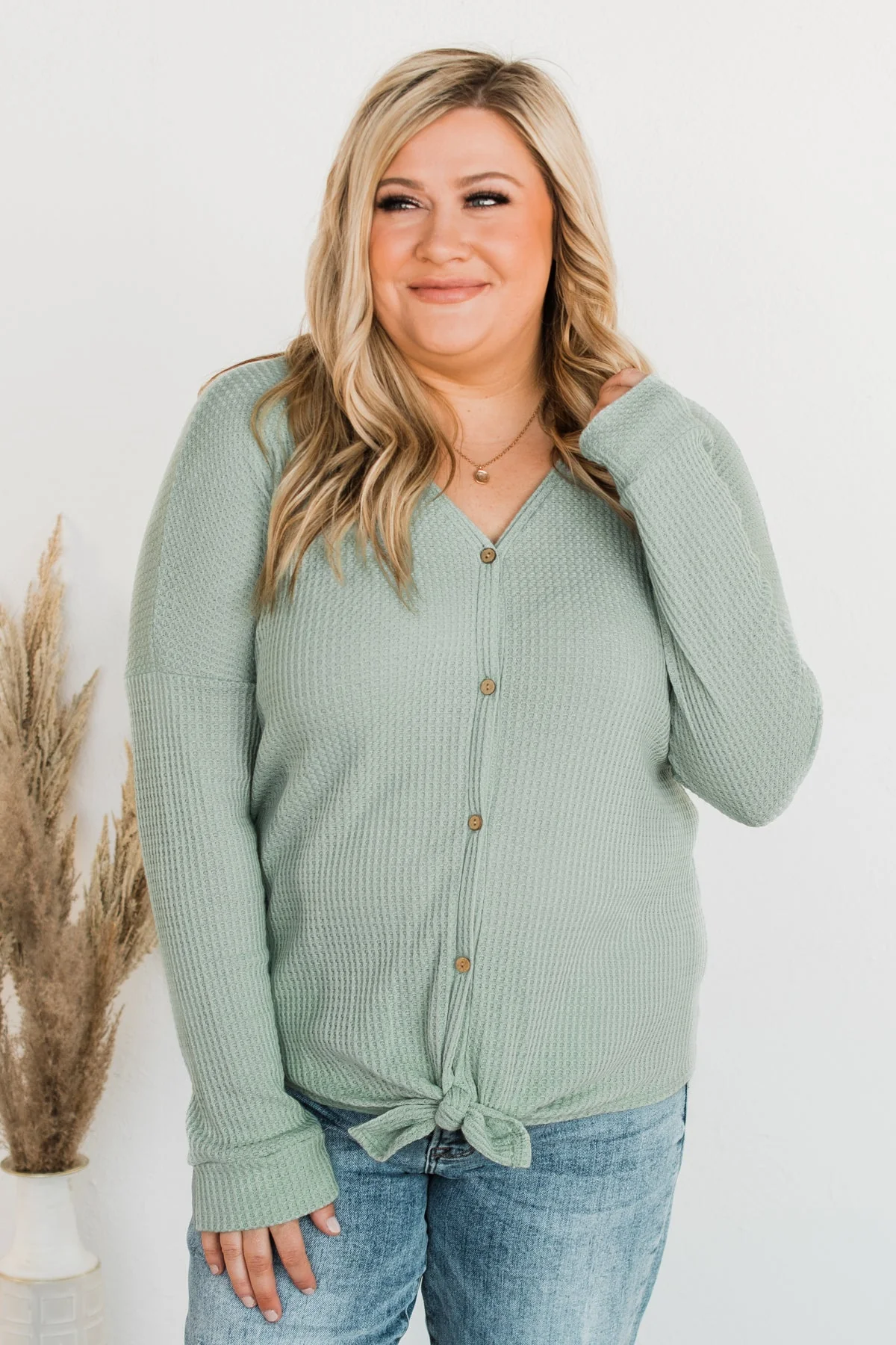 Loving You Thermal Button Knot Top- Light Sage - Image 4