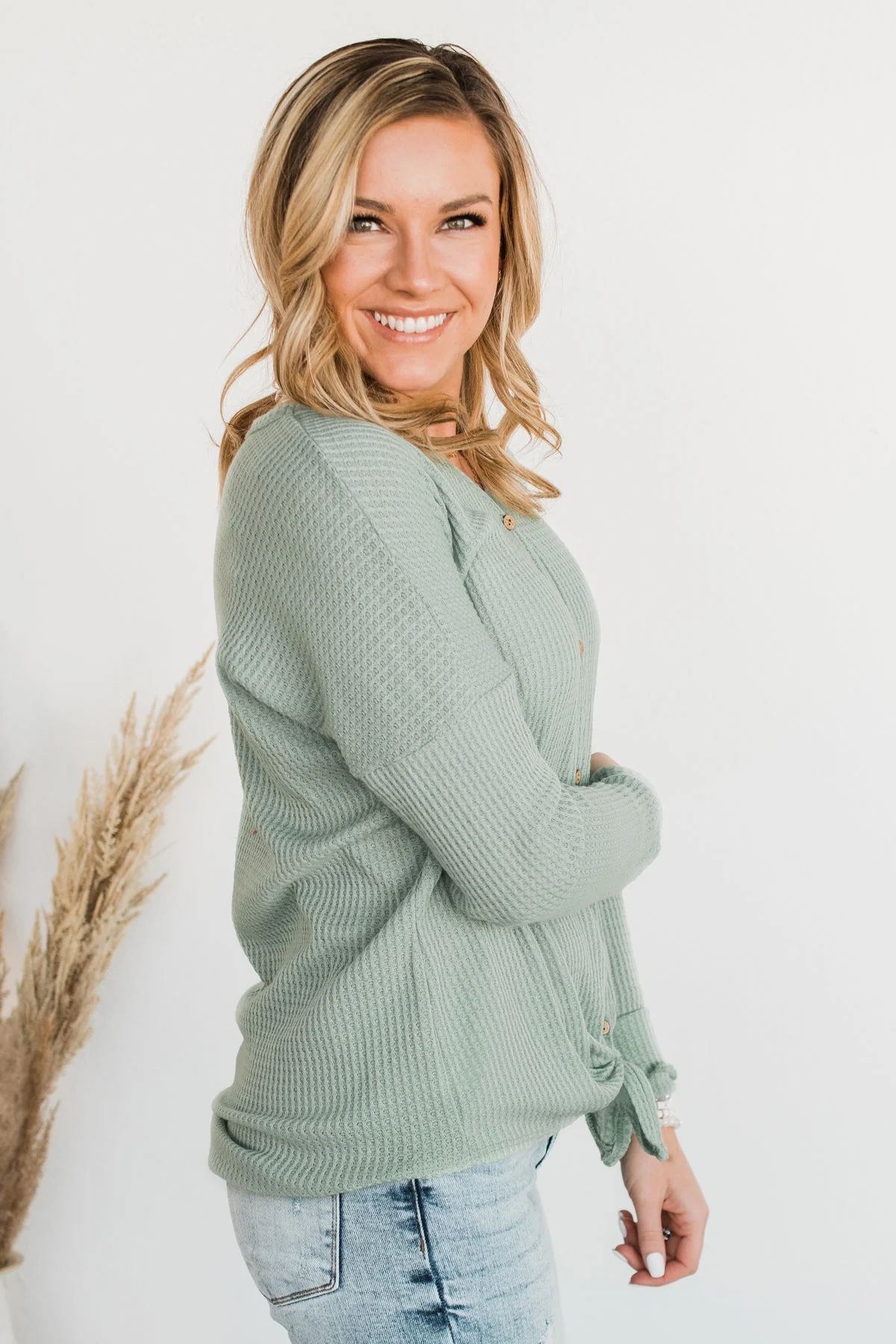 Loving You Thermal Button Knot Top- Light Sage - Image 5