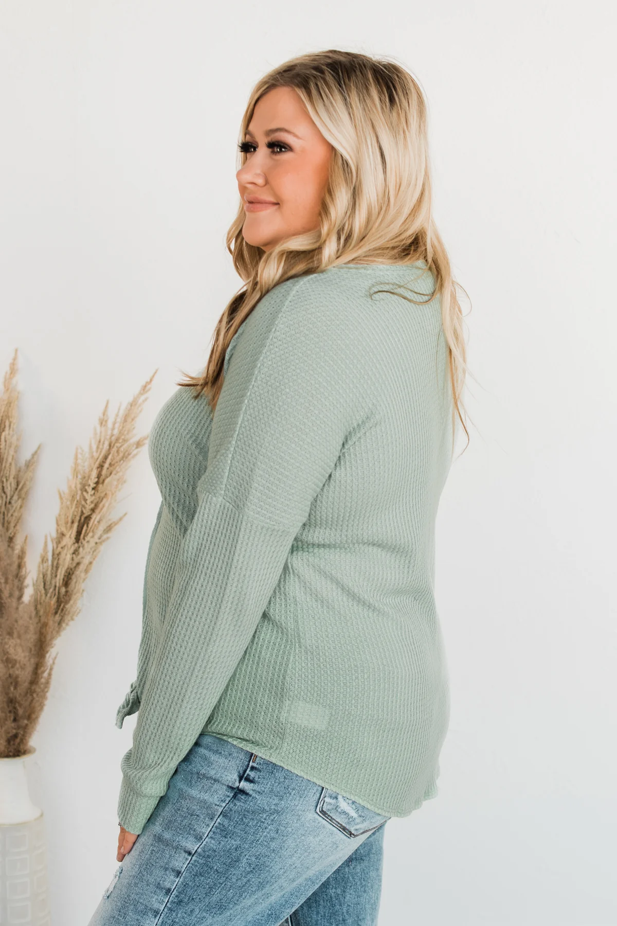 Loving You Thermal Button Knot Top- Light Sage - Image 6