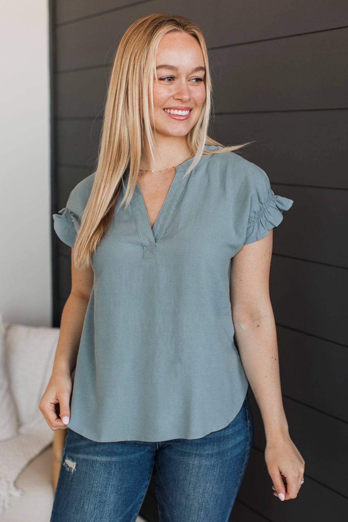 Lucky In Love V-Neck Top- Dusty Blue - Image 3