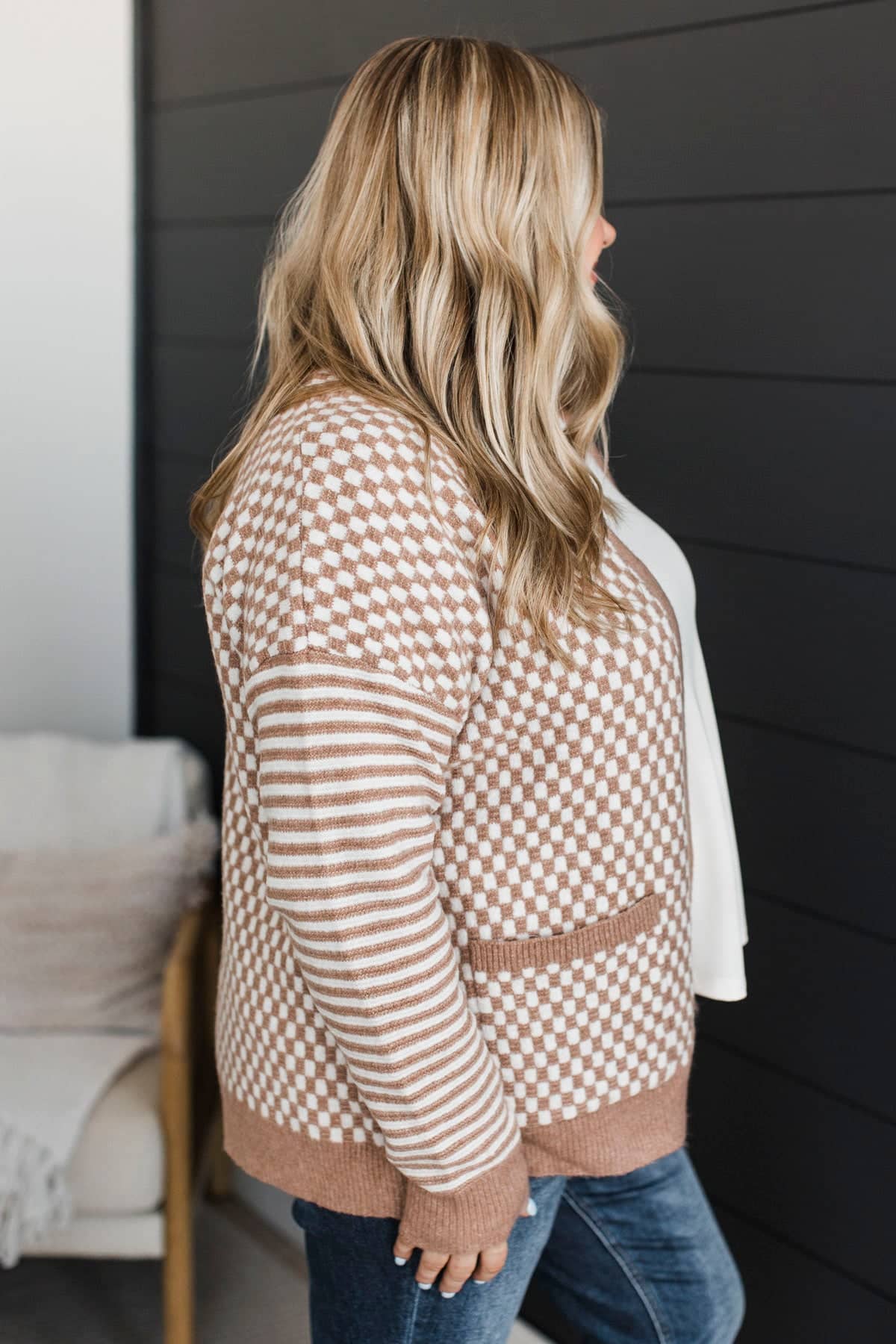 Lucky Me Striped & Checkered Knit Cardigan- Light Camel - Image 5
