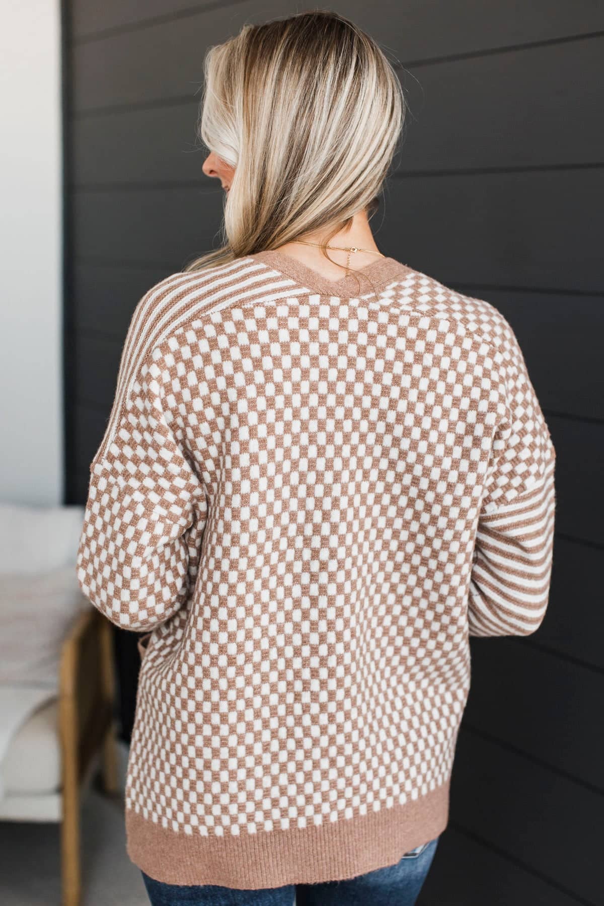 Lucky Me Striped & Checkered Knit Cardigan- Light Camel - Image 6
