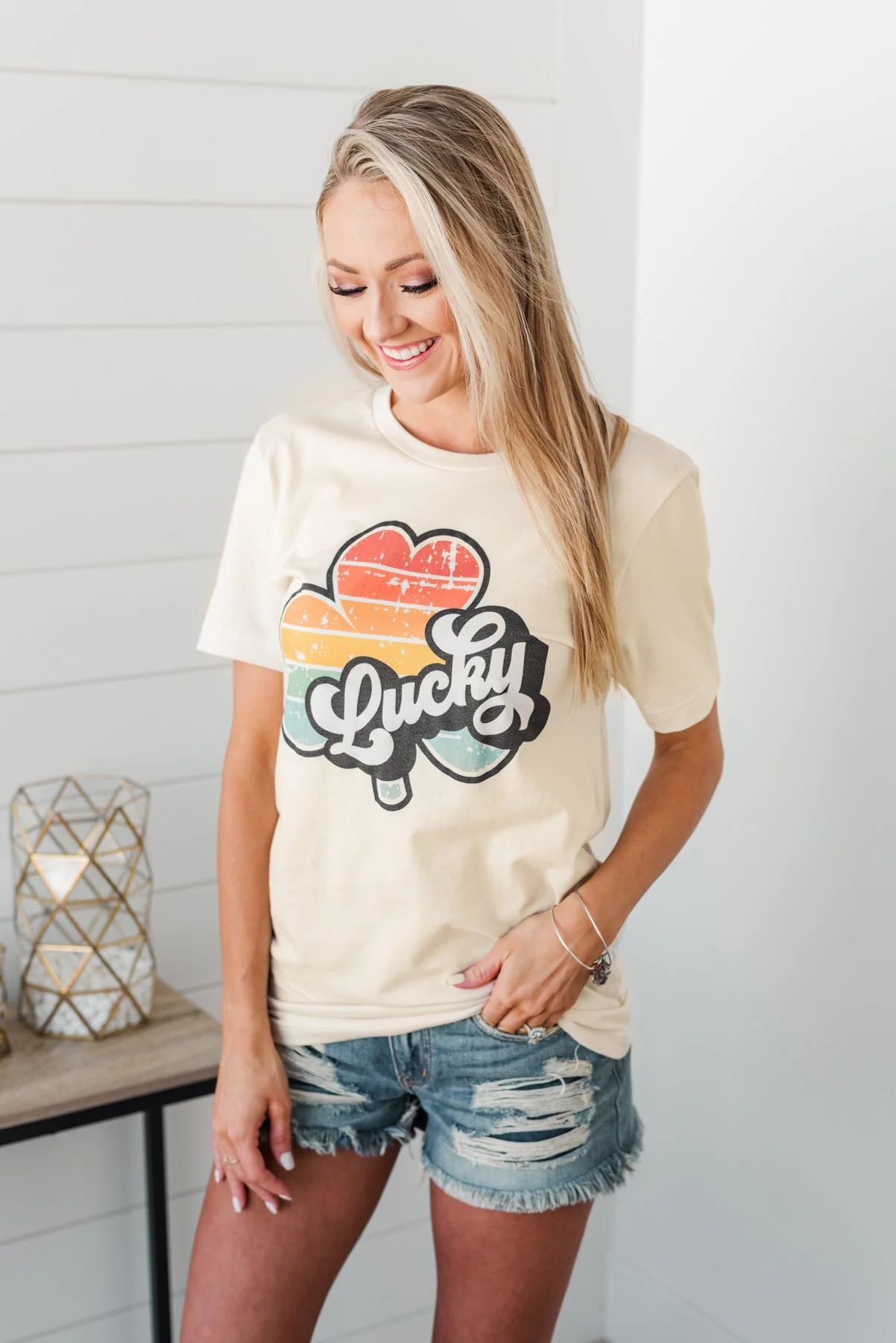 "Lucky" Striped Shamrock Retro Graphic Tee- Cream - Image 2