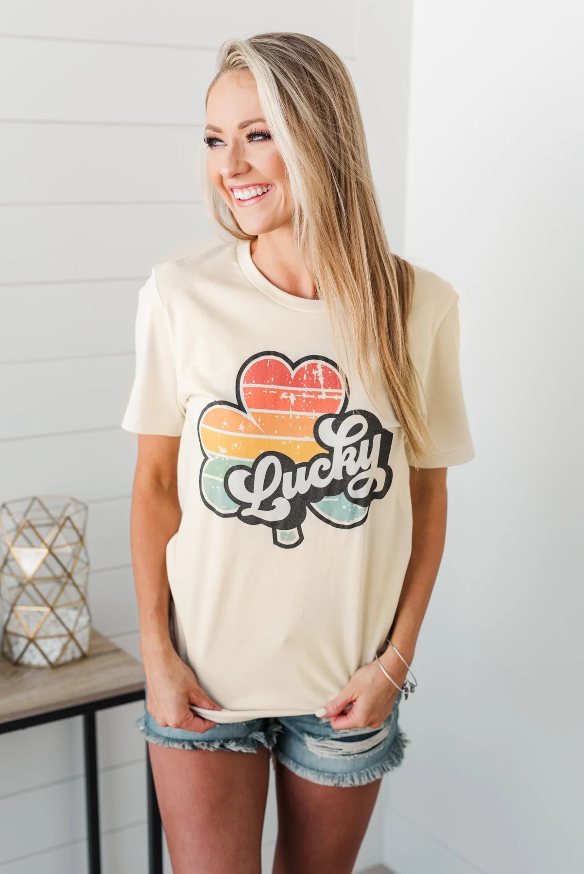 "Lucky" Striped Shamrock Retro Graphic Tee- Cream - Image 3