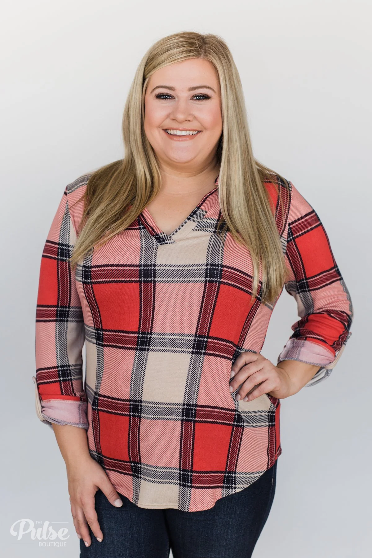 Lunch Date Plaid V-Neck Top- Red, Oatmeal, Navy - Image 10