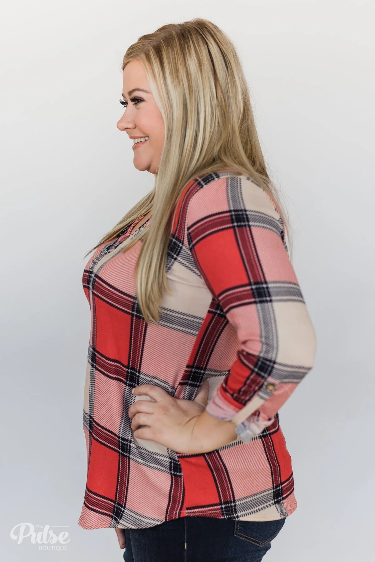 Lunch Date Plaid V-Neck Top- Red, Oatmeal, Navy - Image 11