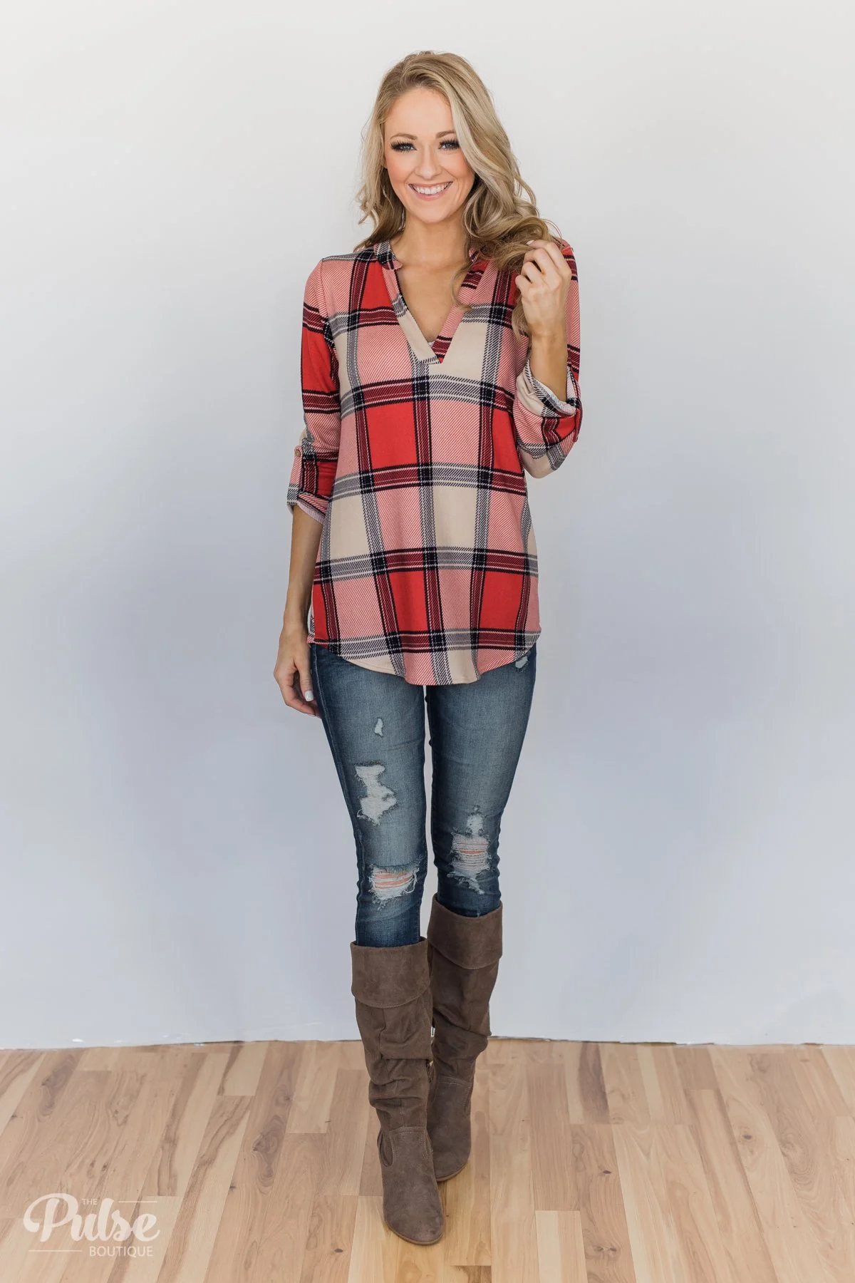 Lunch Date Plaid V-Neck Top- Red, Oatmeal, Navy - Image 3