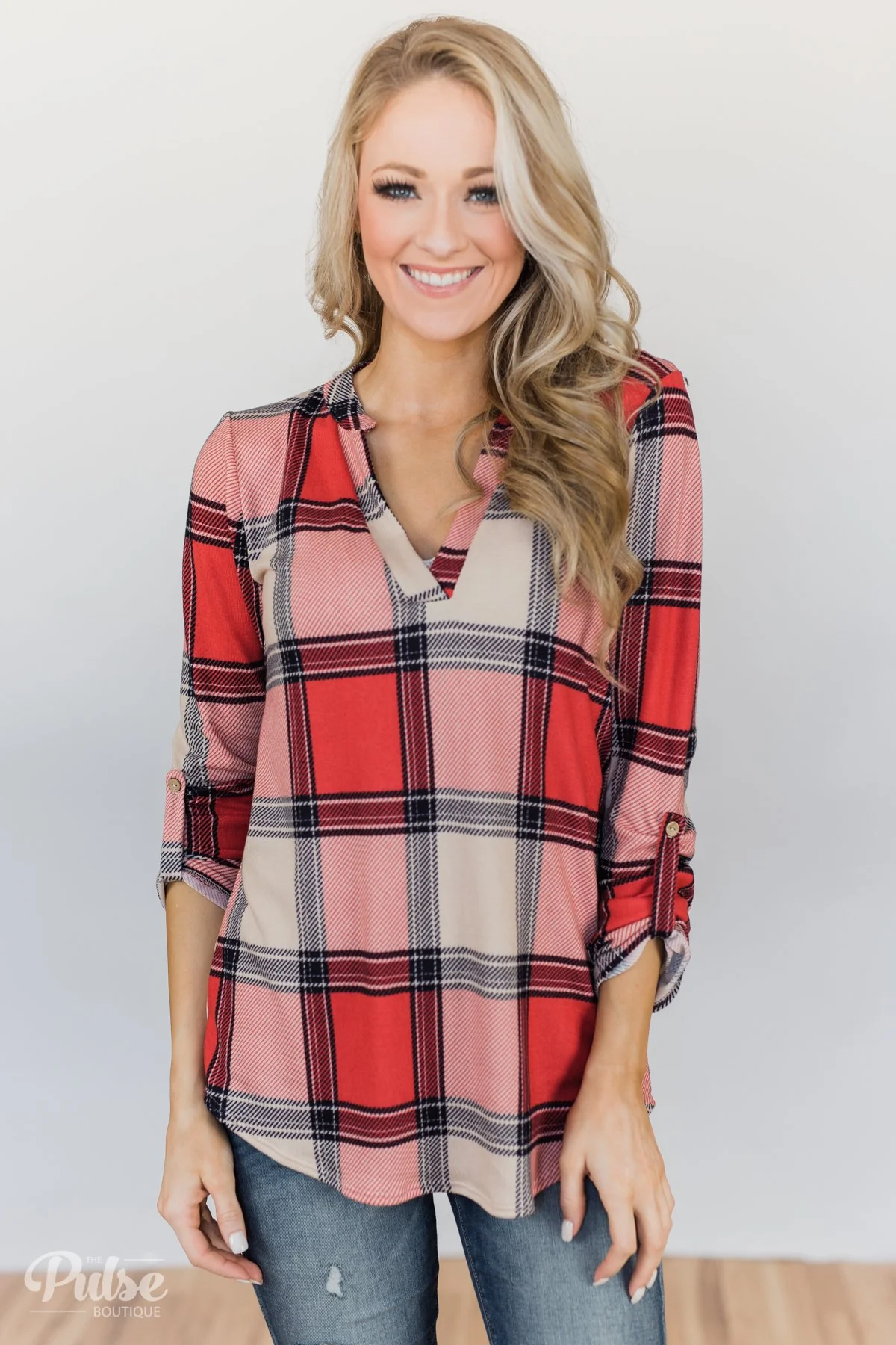Lunch Date Plaid V-Neck Top- Red, Oatmeal, Navy - Image 5