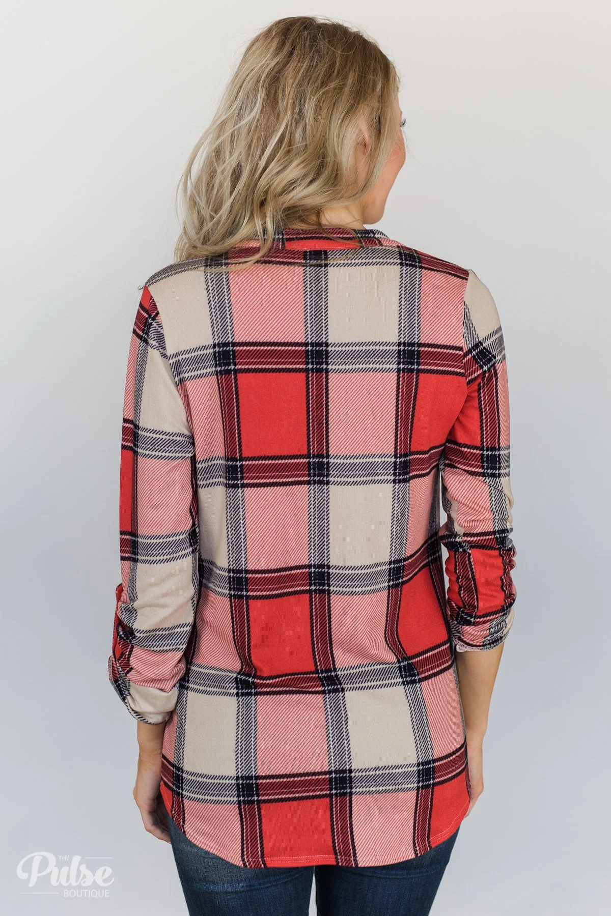 Lunch Date Plaid V-Neck Top- Red, Oatmeal, Navy - Image 9