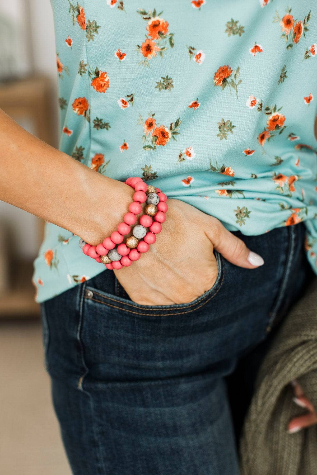 Luxurious Color Beaded Bracelet Set- Hot Pink