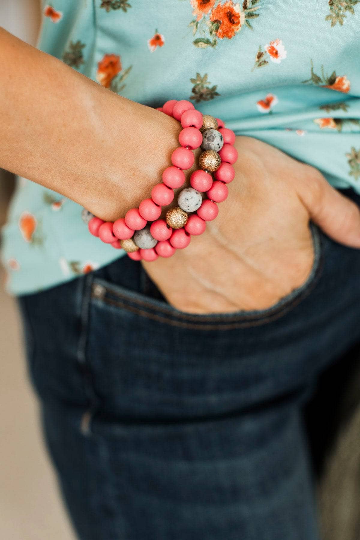 Luxurious Color Beaded Bracelet Set- Hot Pink - Image 2