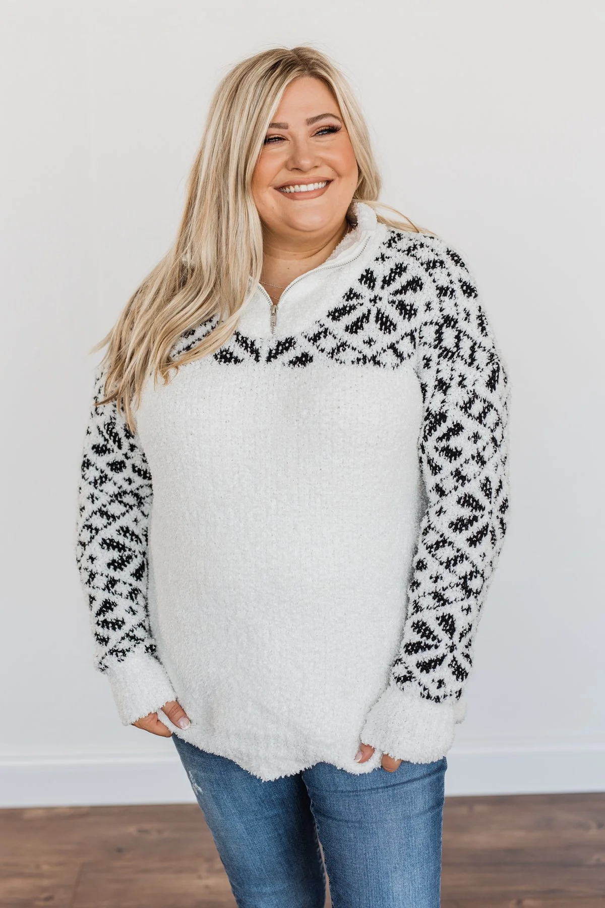 Luxurious Living Quarter Zip Sherpa- Ivory & Black - Image 3