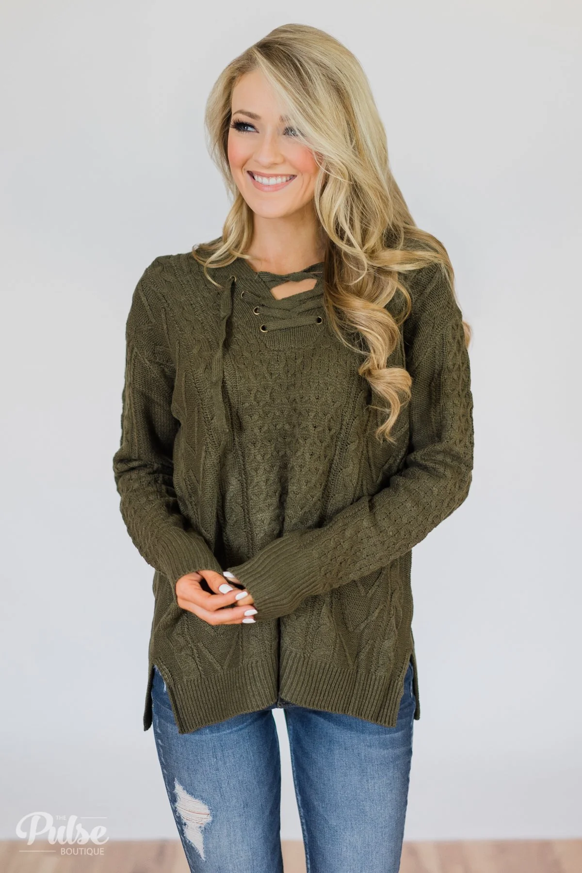 Stay Awhile Lace Up Hooded Sweater- Forest - Image 2