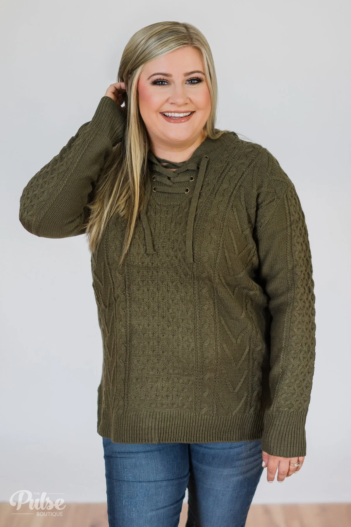 Stay Awhile Lace Up Hooded Sweater- Forest - Image 3