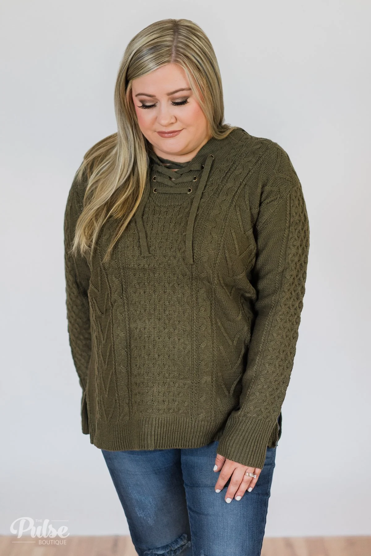 Stay Awhile Lace Up Hooded Sweater- Forest - Image 7
