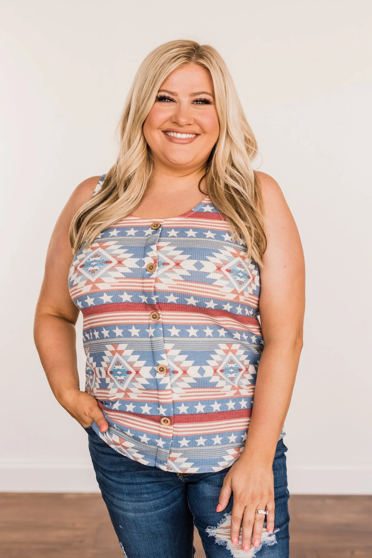 Made In America Aztec Print Tank Top- Red, White, & Blue - Image 2