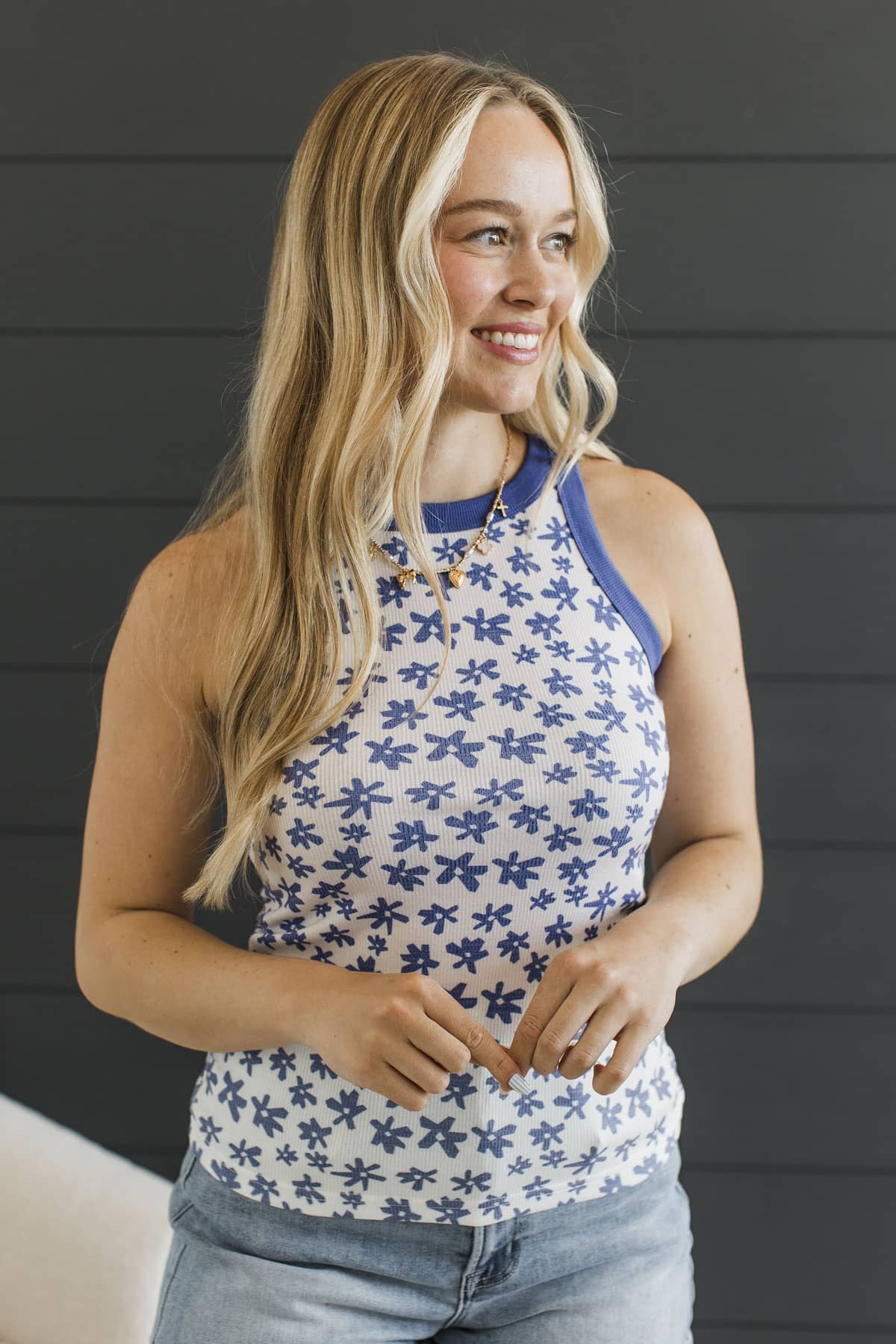 Made To Be Loved Floral Tank Top- Indigo - Image 2