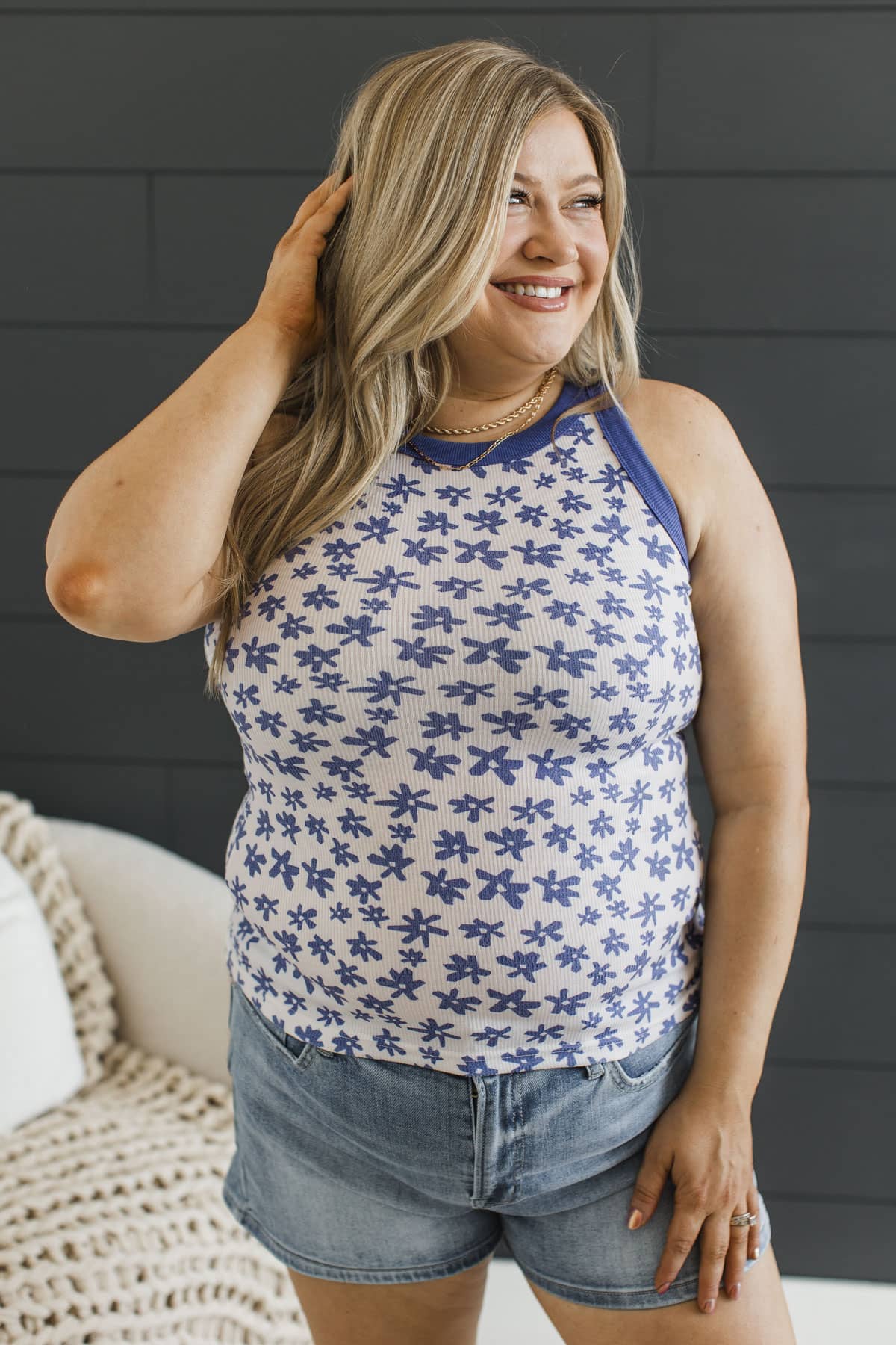 Made To Be Loved Floral Tank Top- Indigo - Image 3