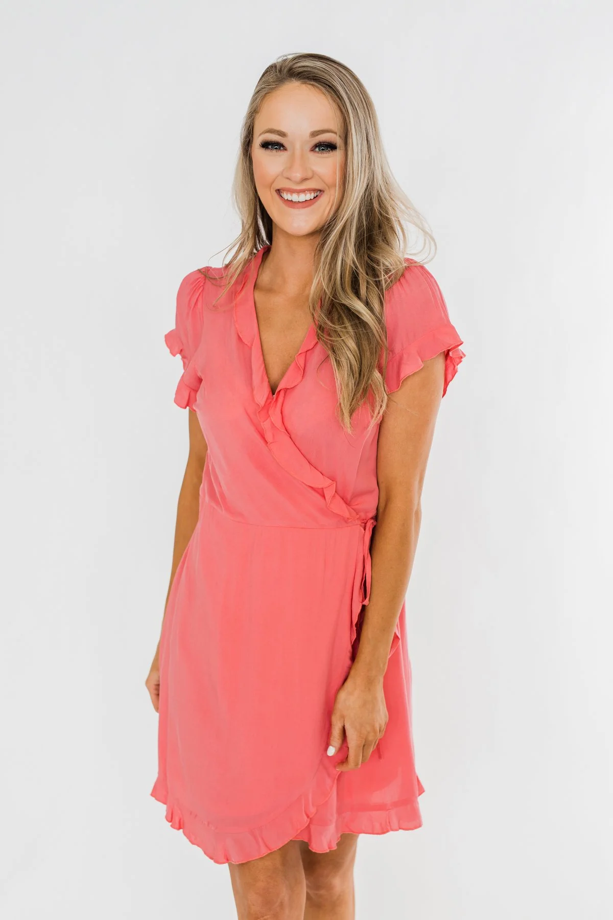 Made To Be Mine Ruffle Wrap Dress- Pink
