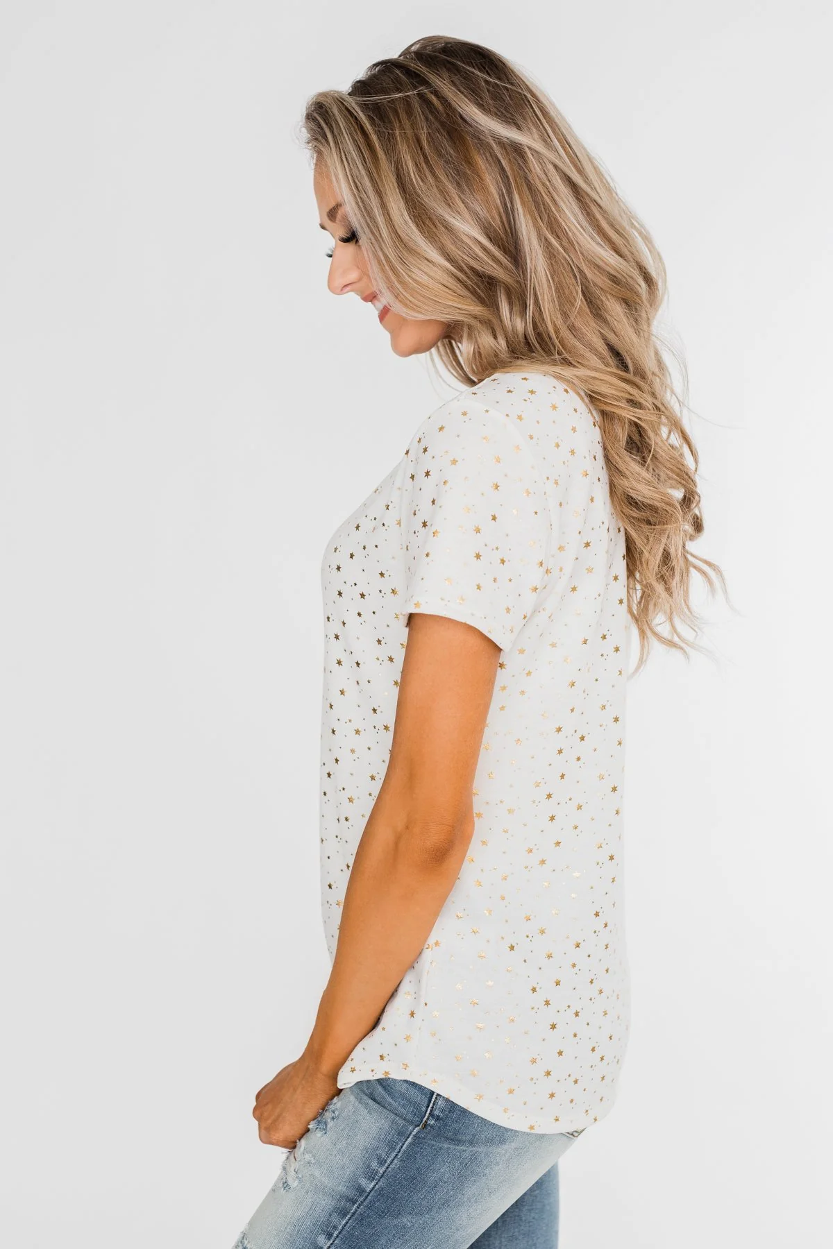 Made To Shine Short Sleeve Star Top- Ivory & Gold - Image 10