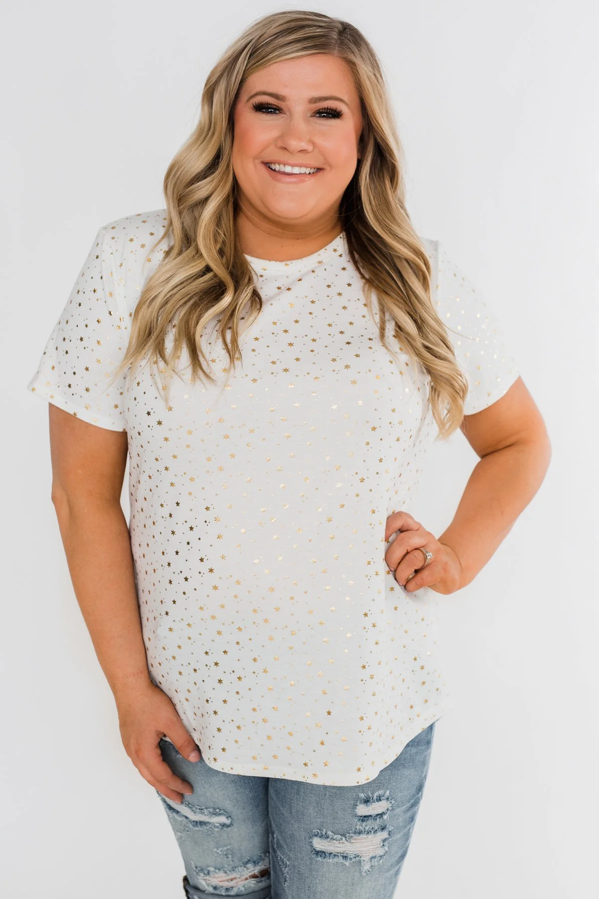 Made To Shine Short Sleeve Star Top- Ivory & Gold - Image 2