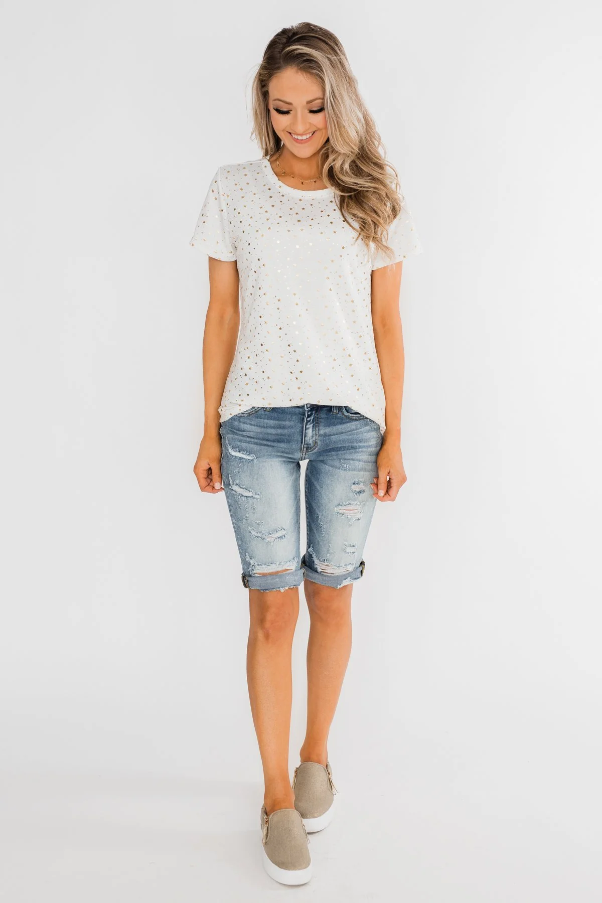 Made To Shine Short Sleeve Star Top- Ivory & Gold - Image 3