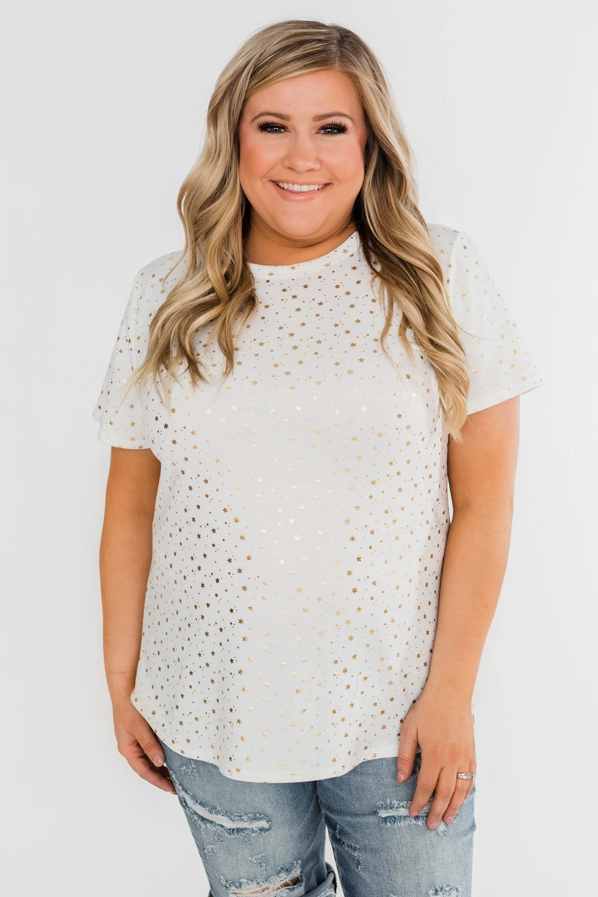 Made To Shine Short Sleeve Star Top- Ivory & Gold - Image 4
