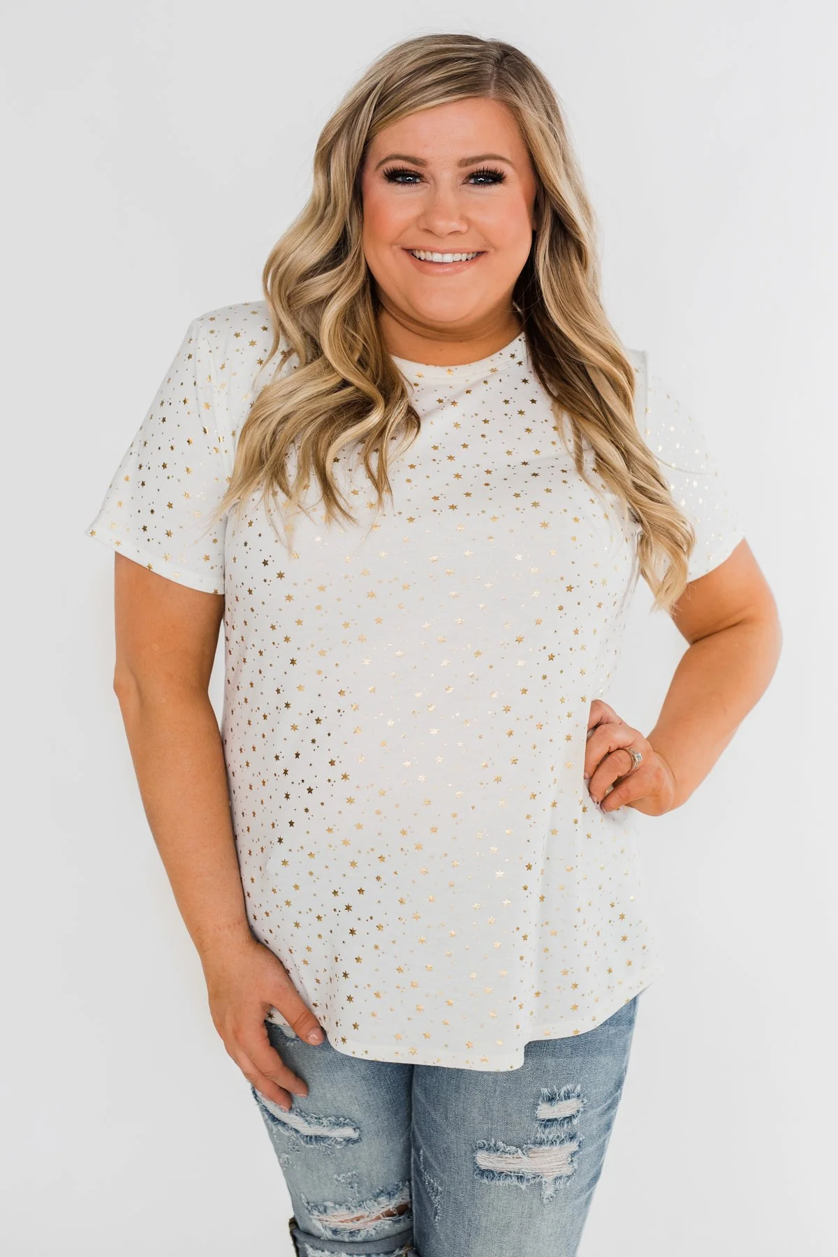 Made To Shine Short Sleeve Star Top- Ivory & Gold - Image 6