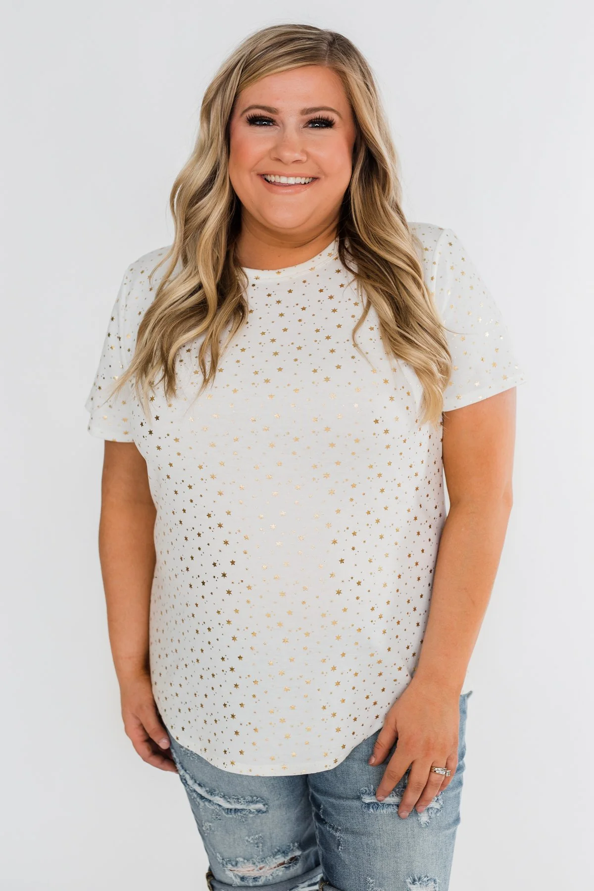 Made To Shine Short Sleeve Star Top- Ivory & Gold - Image 9
