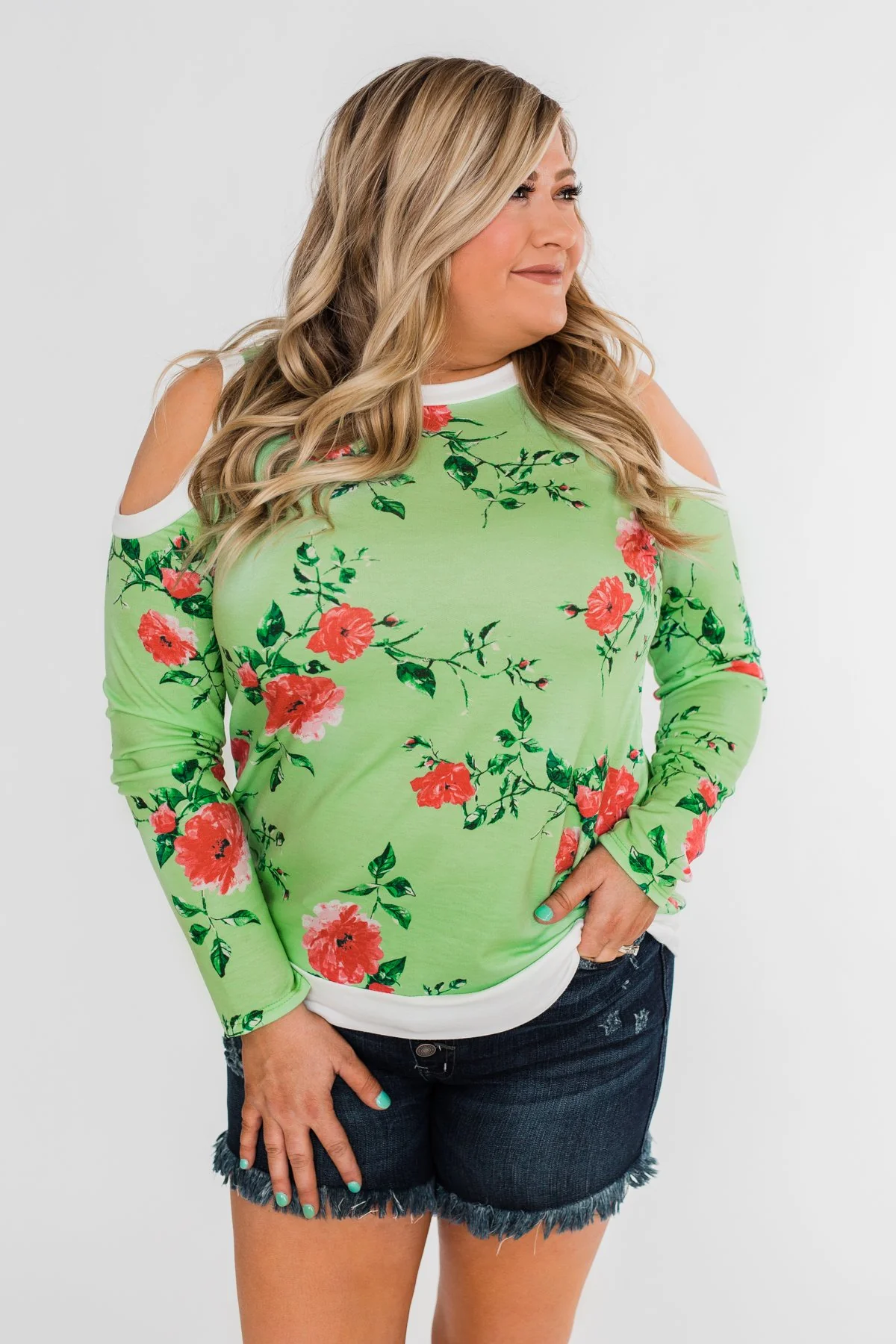 Made to Stand Out Floral Cold Shoulder Top- Shamrock Green - Image 7