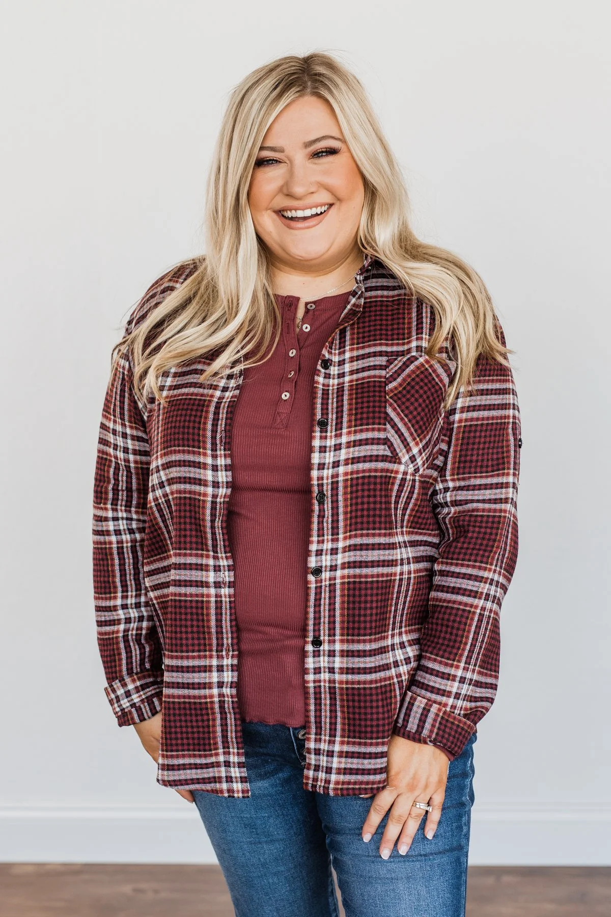 Made Up My Mind Plaid Button Top- Burgundy, Camel & Ivory - Image 10