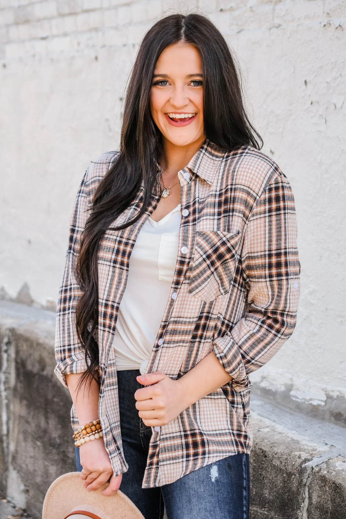 Made Up My Mind Plaid Button Top- Camel, Ivory, Navy - Image 14