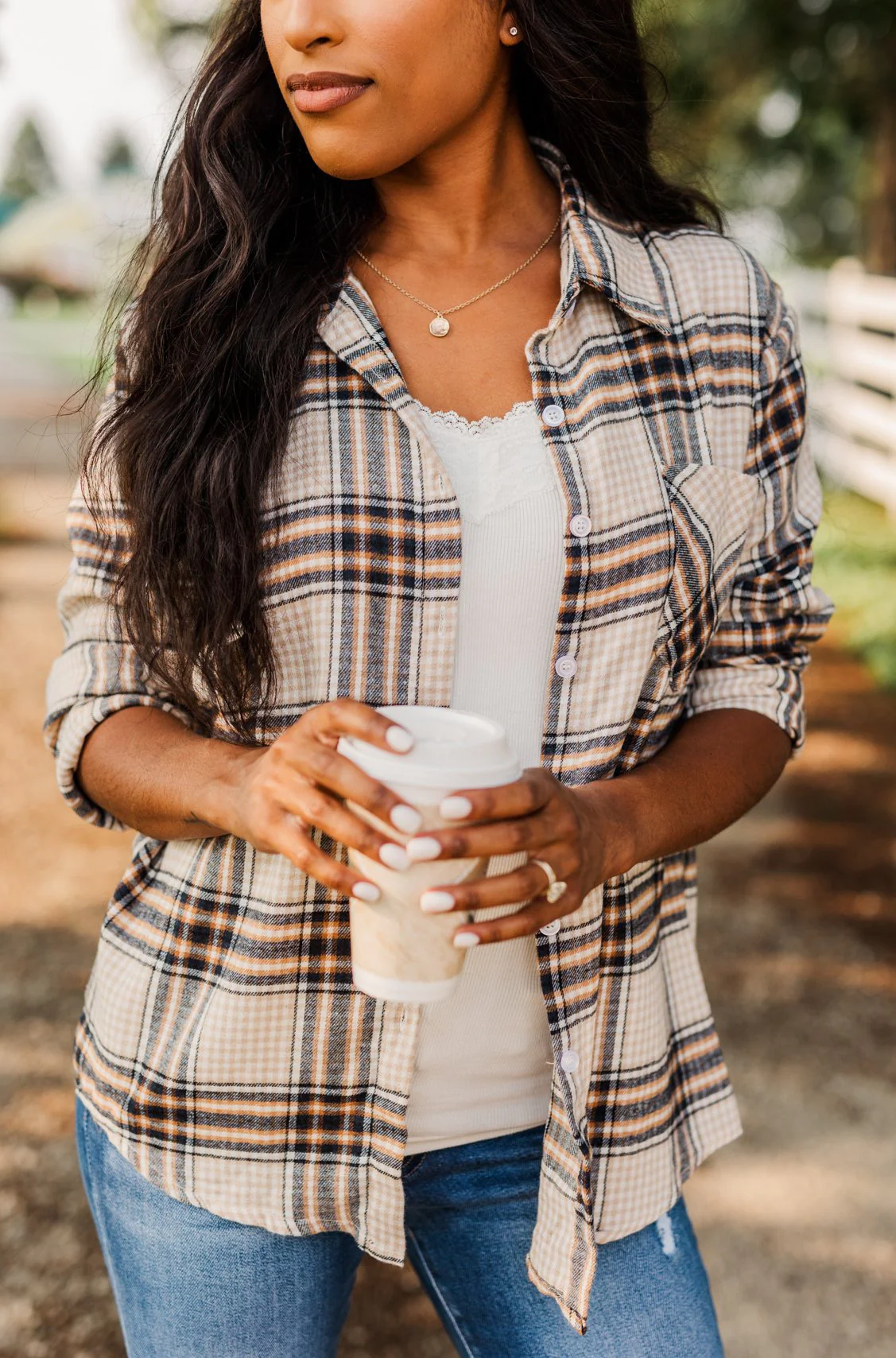 Made Up My Mind Plaid Button Top- Camel, Ivory, Navy - Image 2