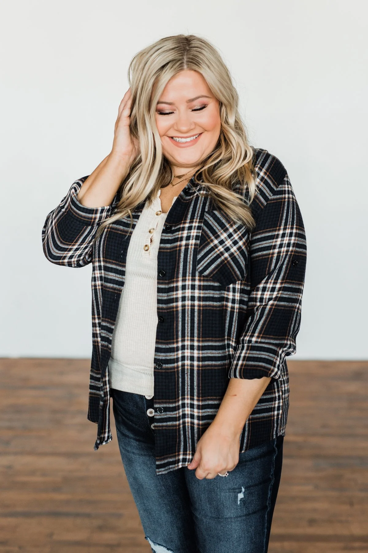 Made Up My Mind Plaid Button Top- Navy & Camel - Image 10