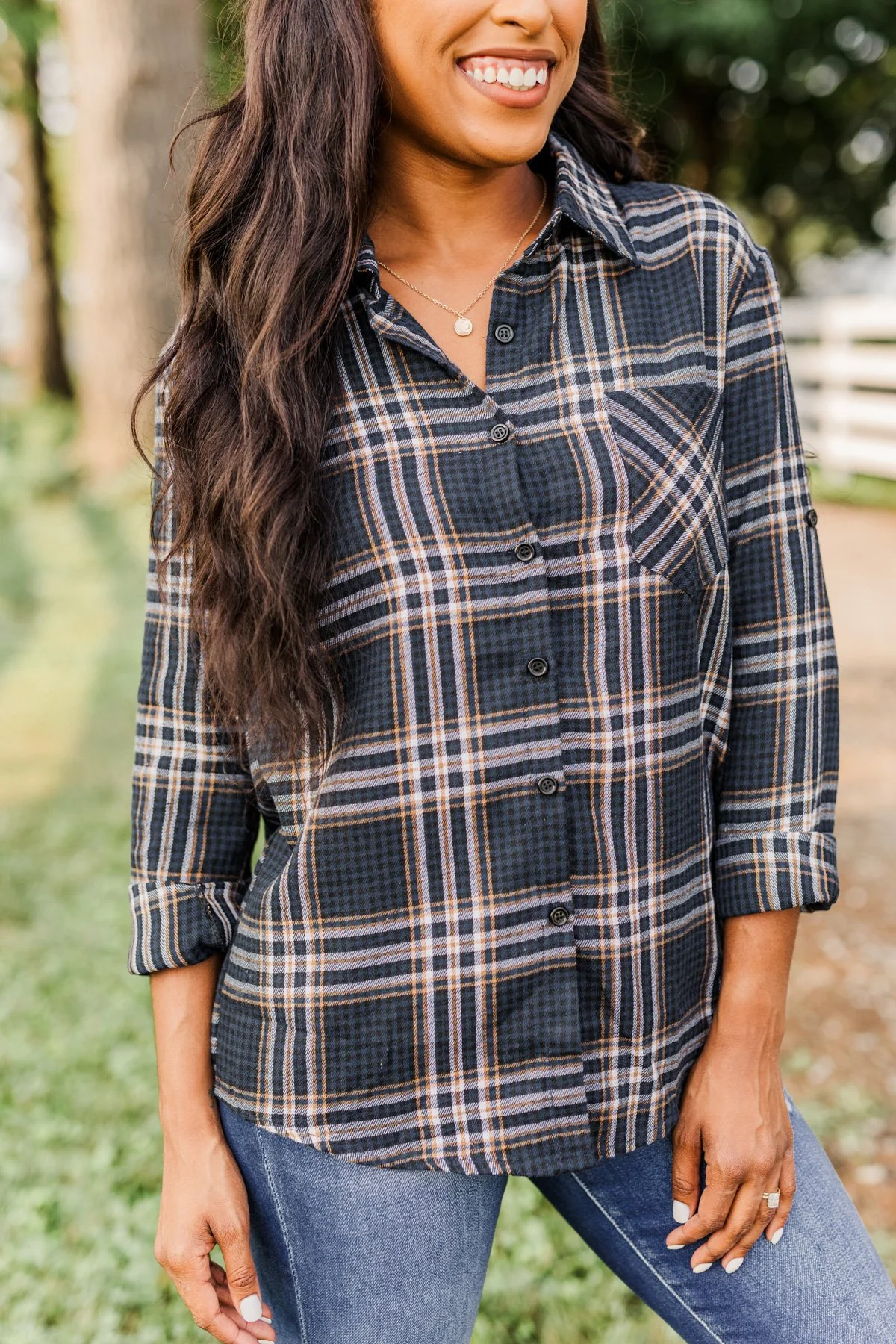 Made Up My Mind Plaid Button Top- Navy & Camel - Image 2