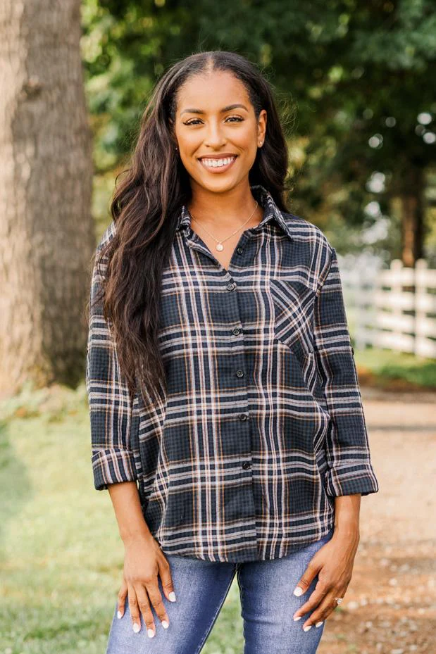 Made Up My Mind Plaid Button Top- Navy & Camel - Image 5