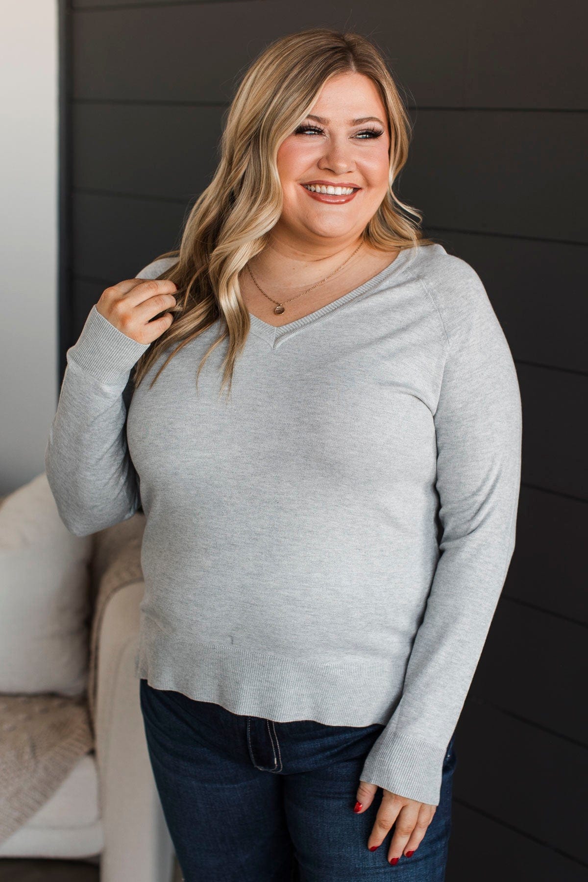 Madly In Love V-Neck Sweater- Heather Grey - Image 3