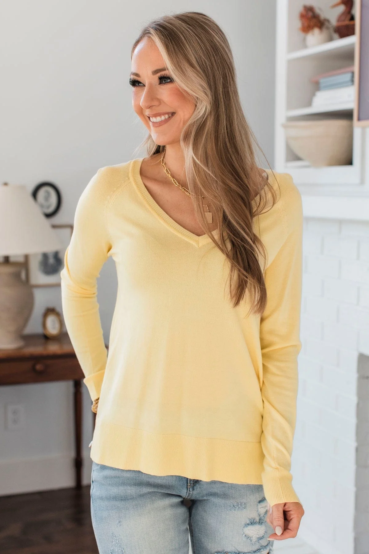 Madly In Love V-Neck Sweater- Light Yellow - Image 3